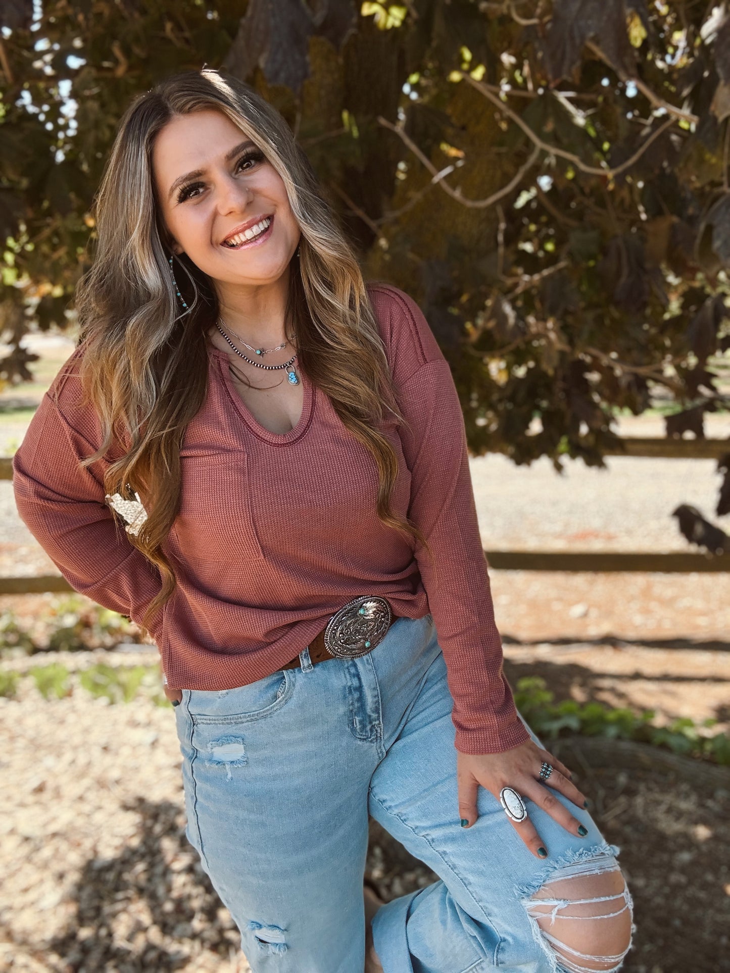 Marsala Thermal Round V Neck Long Sleeve