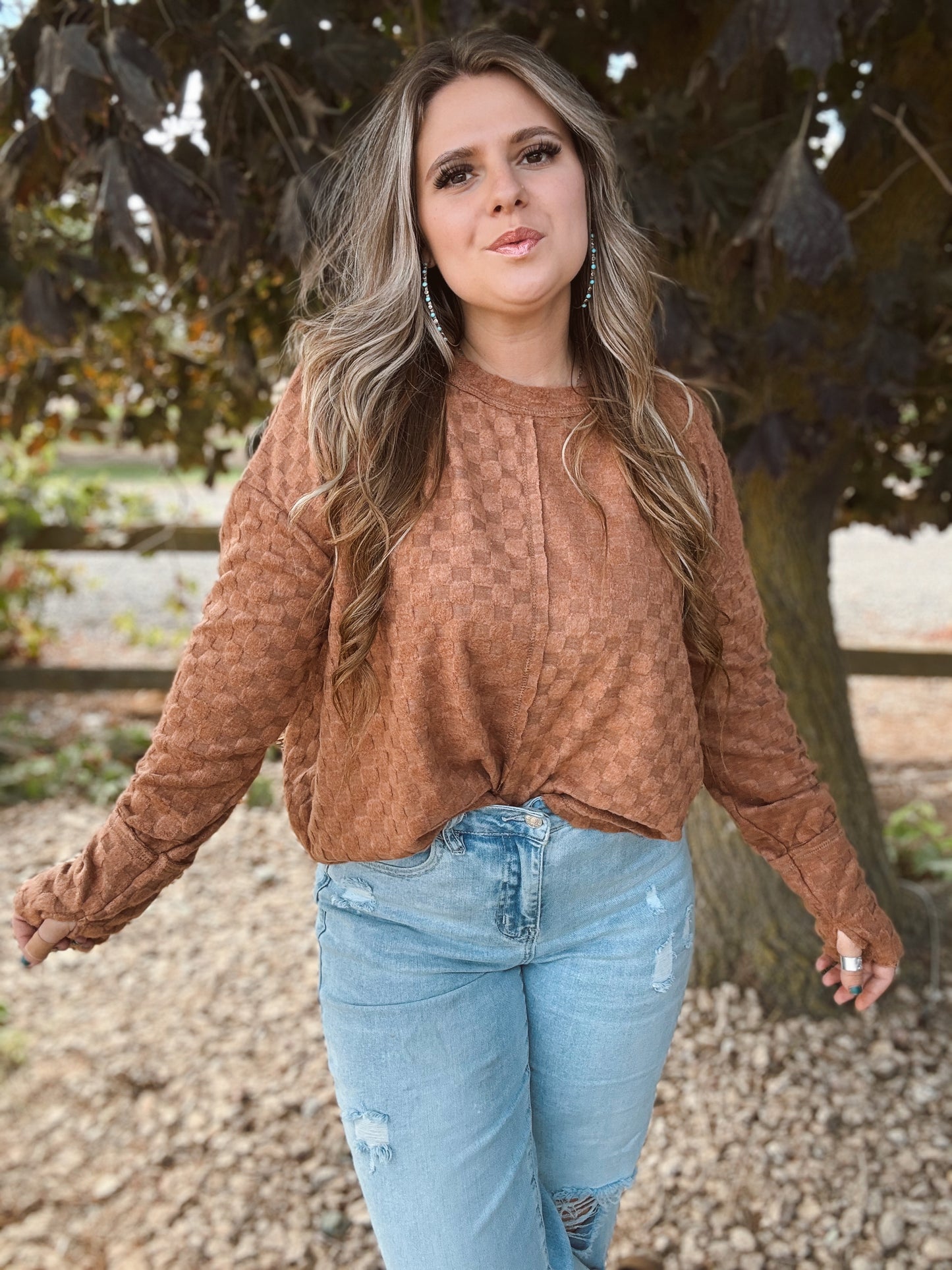 Soft Camel Checker Long Sleeve Top