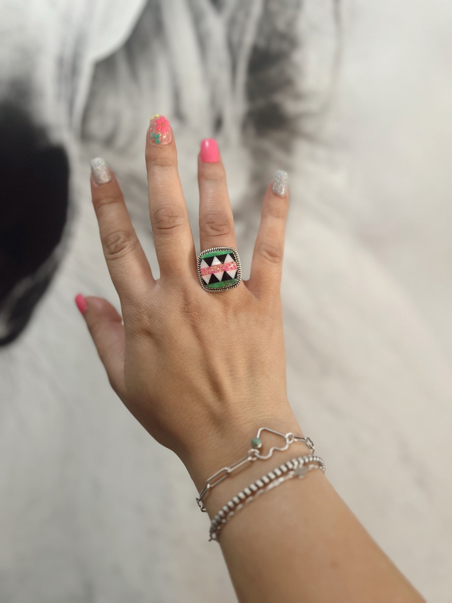 Fiery Pink & Green Aztec Ring (Sterling Silver)
