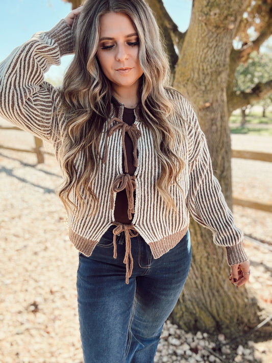 Front Tie Two Tone Knit Cardigan