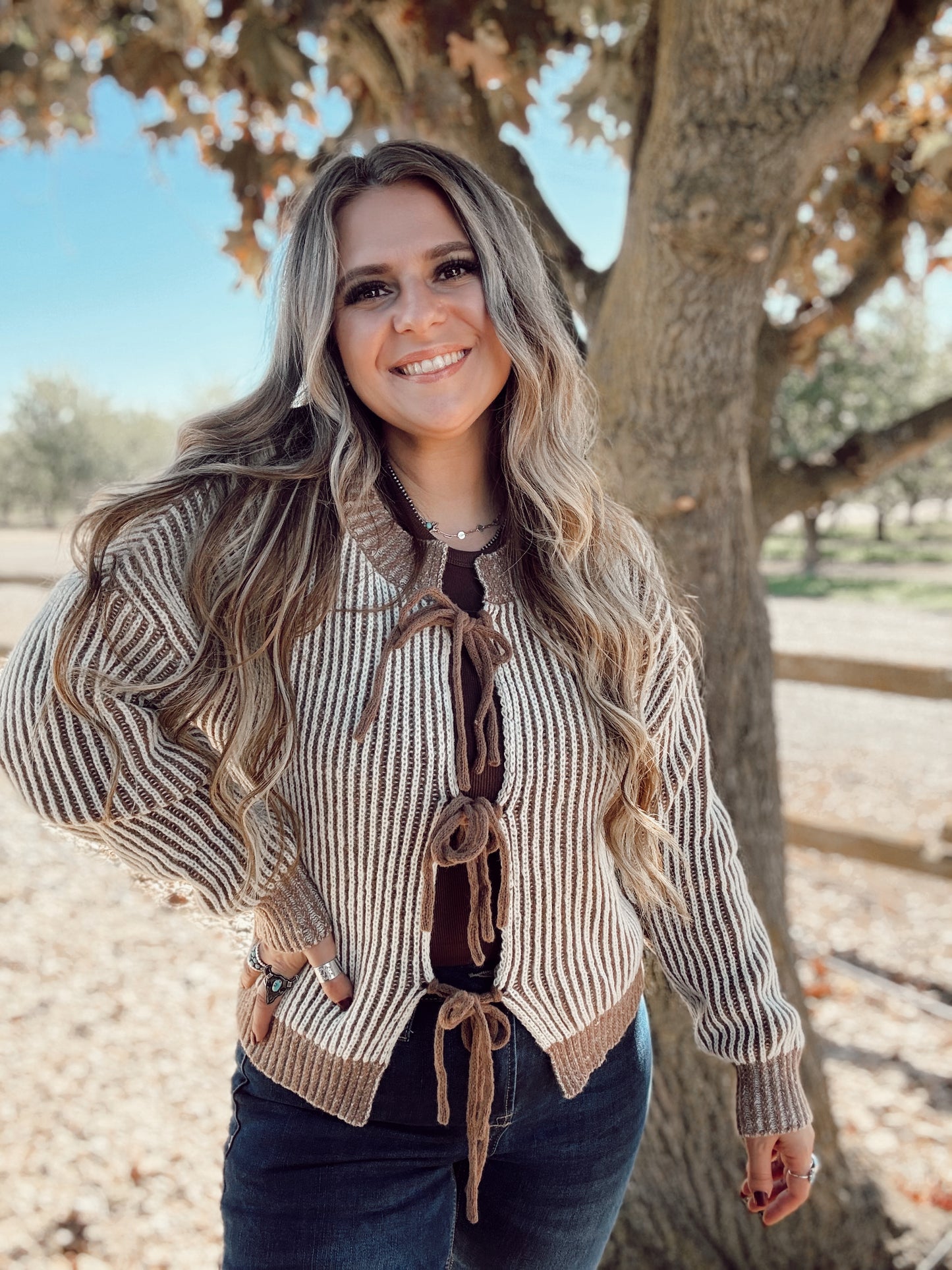 Front Tie Two Tone Knit Cardigan