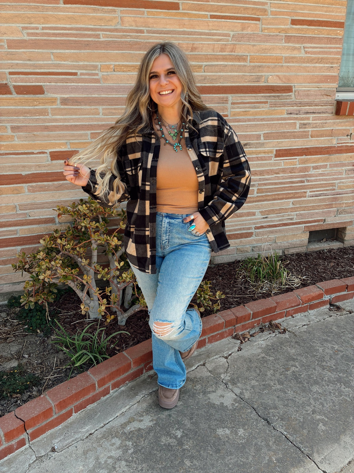 Taupe & Black Long Sleeve Check Printed Fleece Shacket