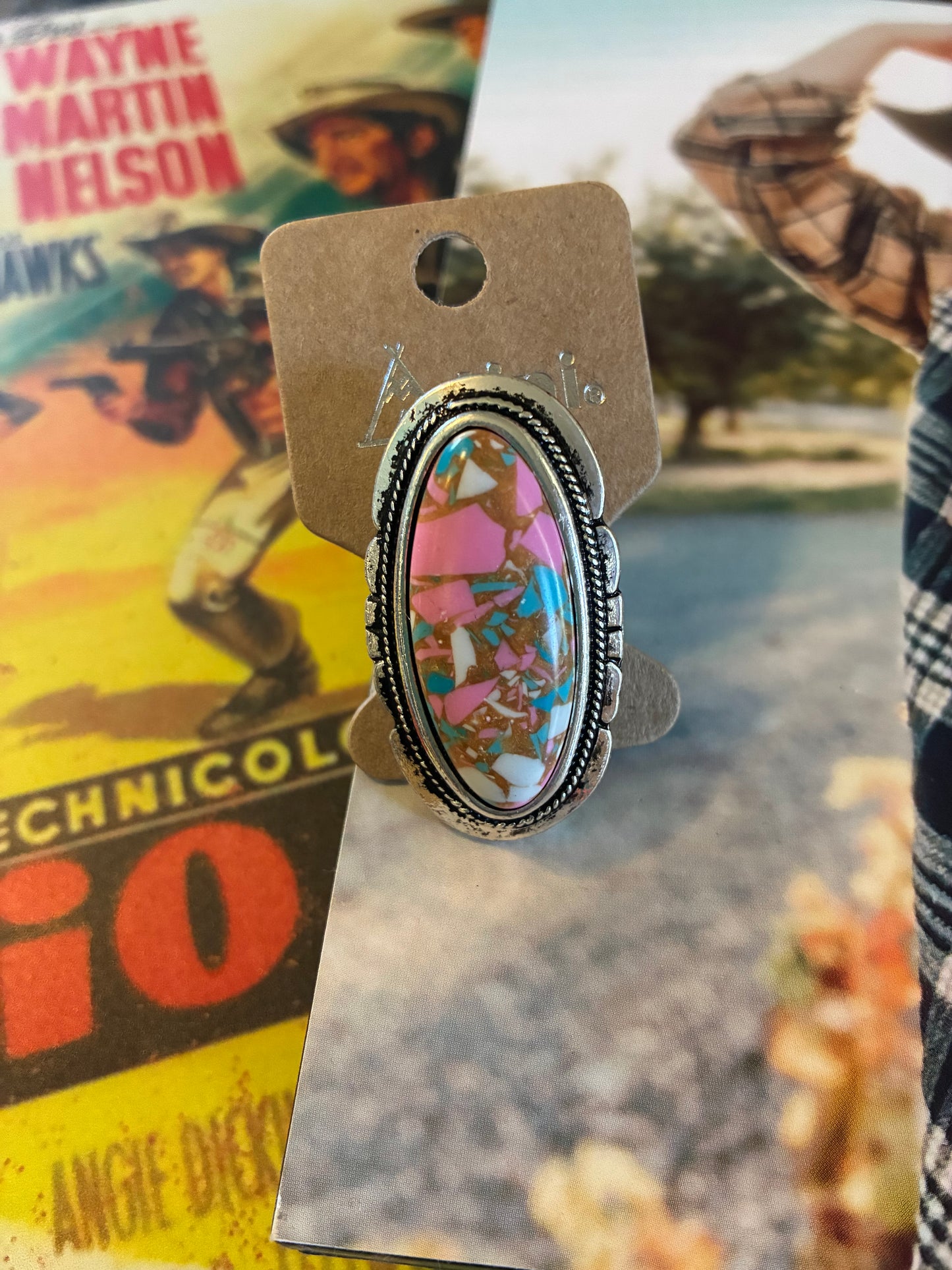 Western Cotton Candy Stone Oblong Cuff Ring
