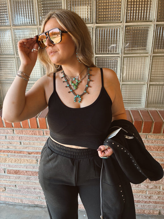 Black Round Neck Removable Bra Cup Twisted Back Cami Top