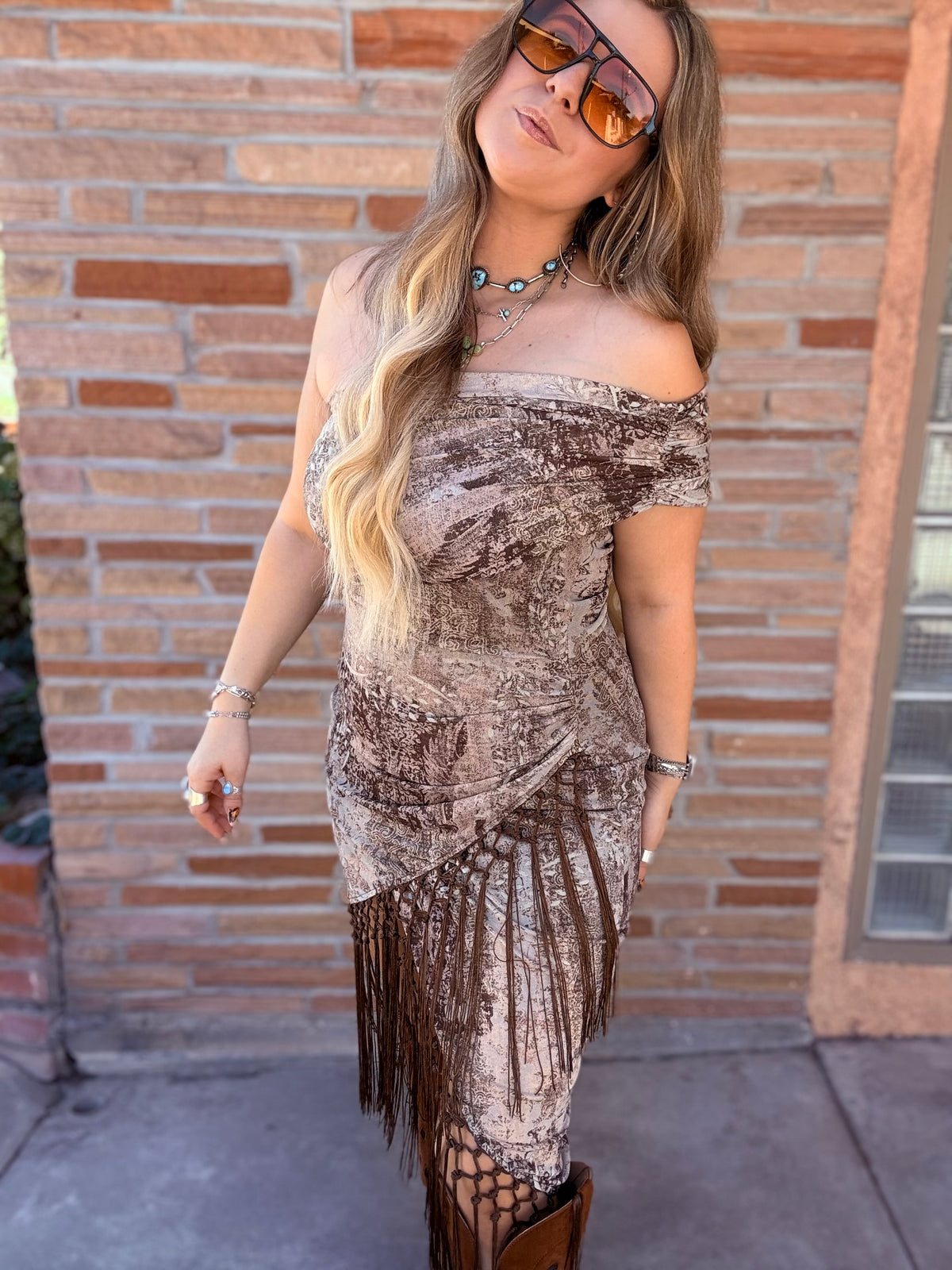 Off shoulder aztec inspired mesh print dress with fringe