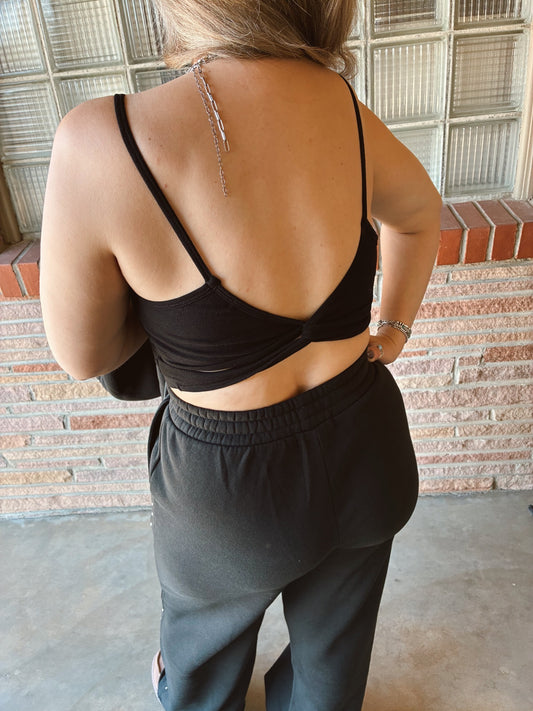 Black Round Neck Removable Bra Cup Twisted Back Cami Top