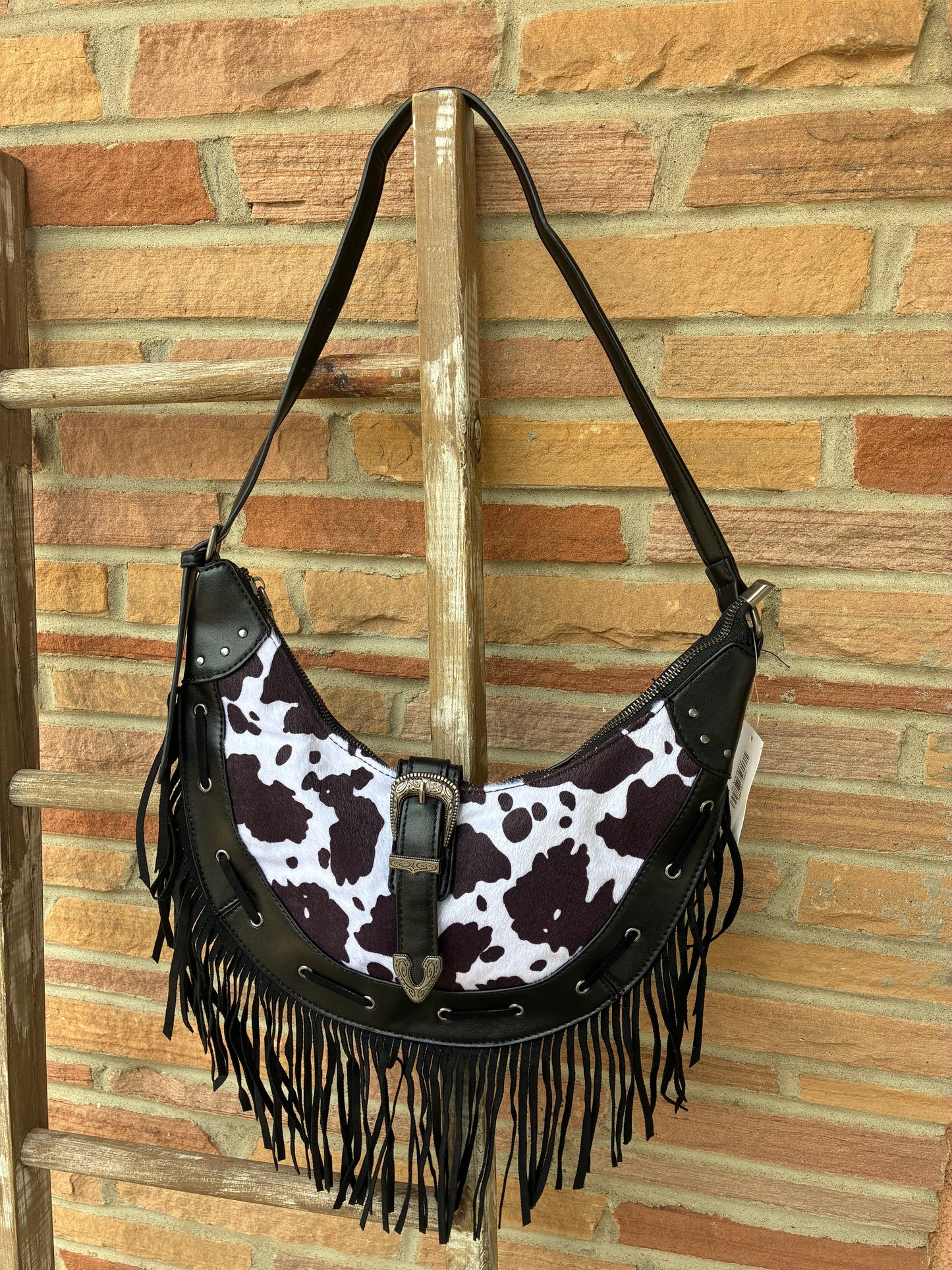 Cow Print Faux Leather Fringe Hobo Bag - Black
