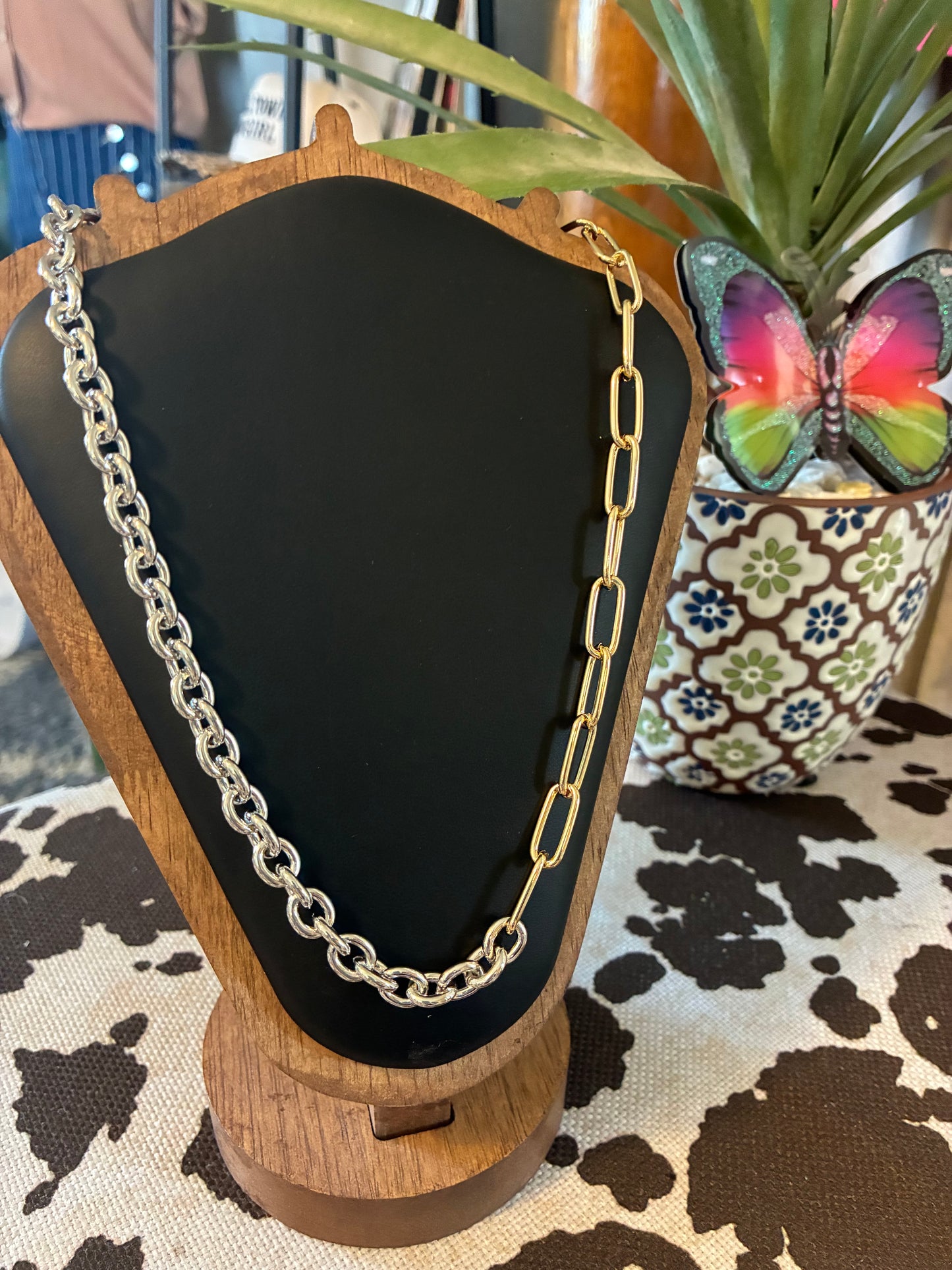 Double Chain Paperclip and Rolo Layered Necklace - Gold & Silver