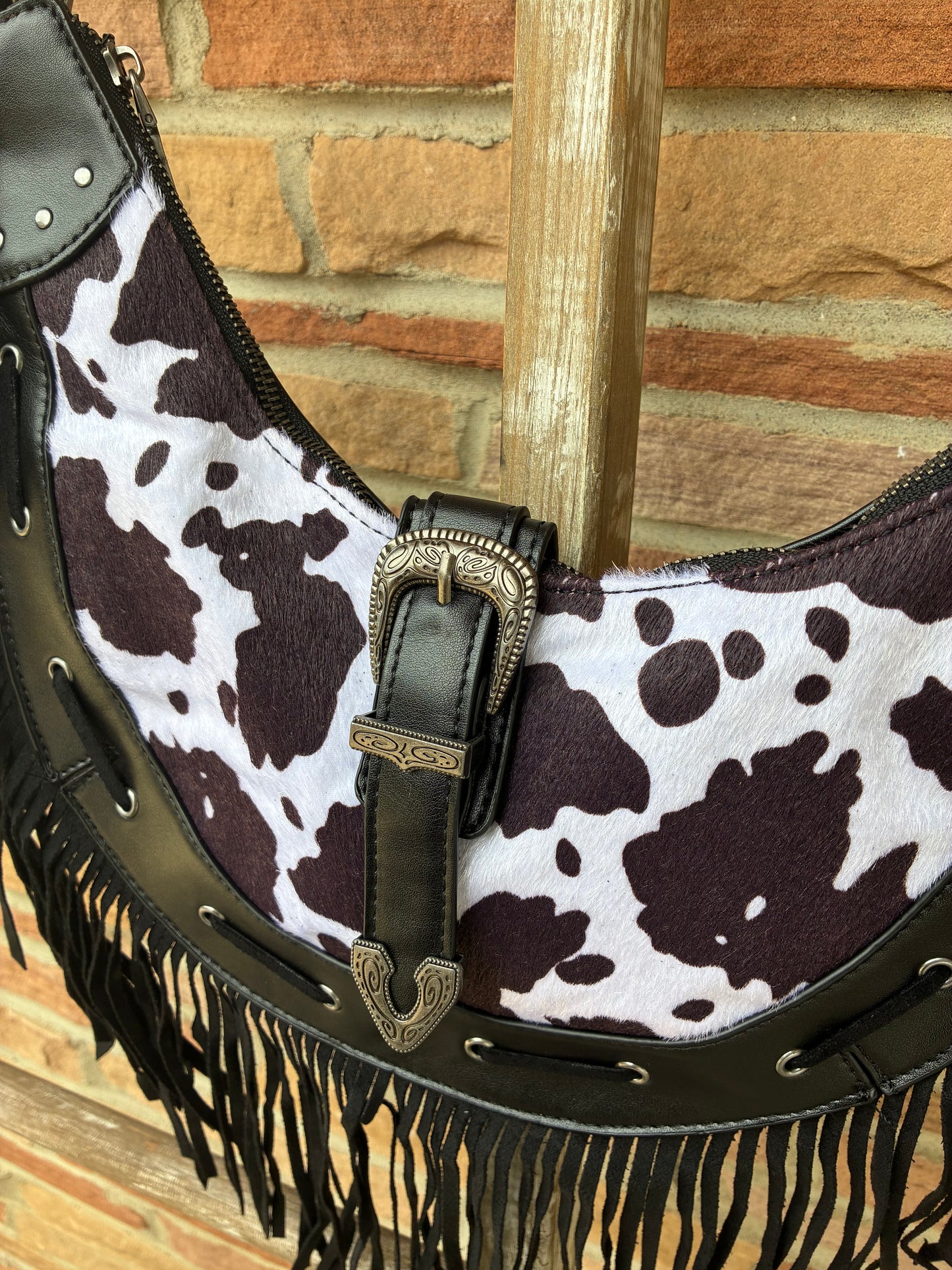 Cow Print Faux Leather Fringe Hobo Bag - Black