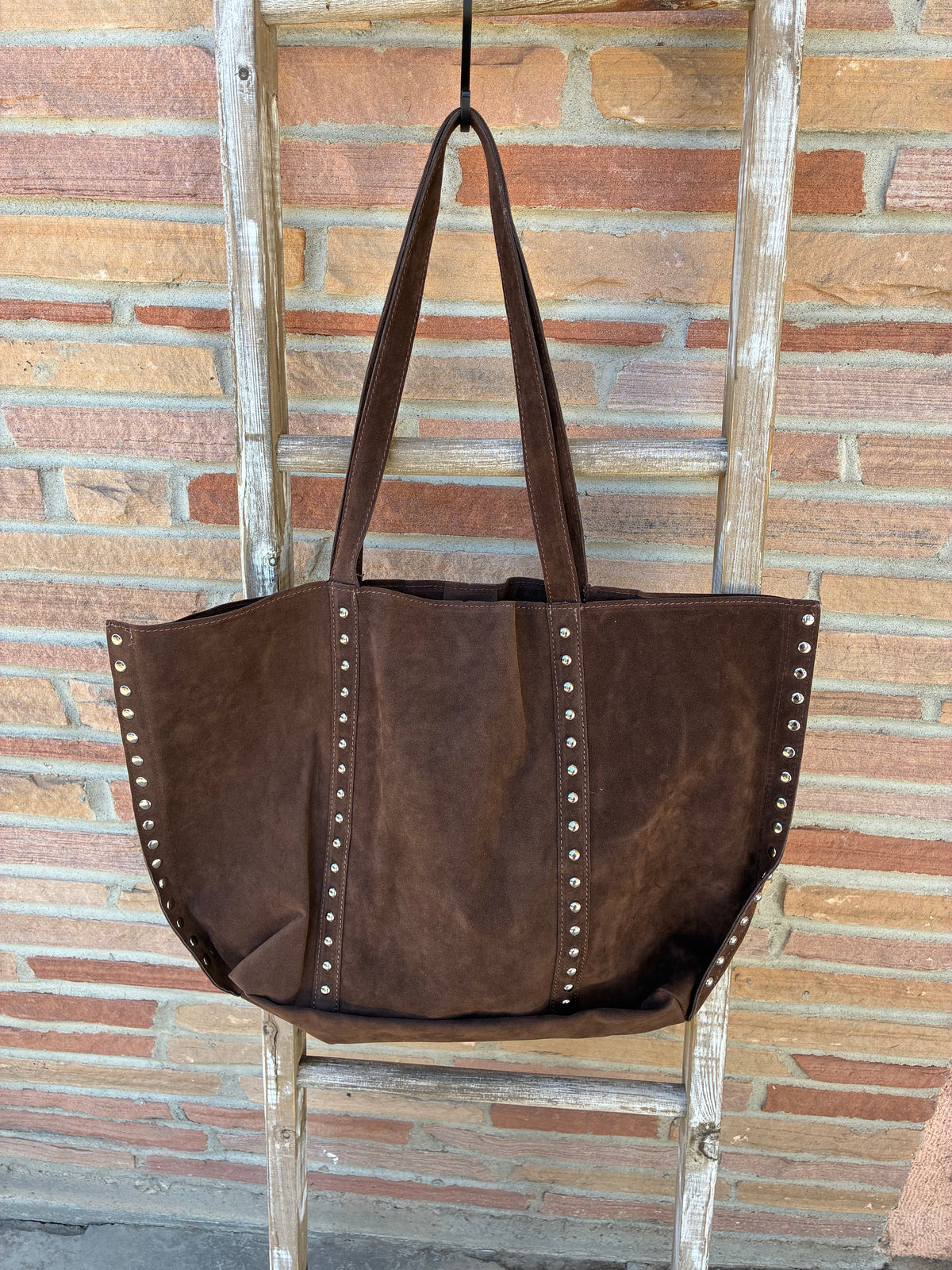 Dark Brown Large Studded Trim Tote Bag
