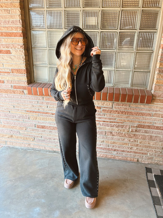 Black Pocket Stud Point Hoodie & Pants Inner Fleece Terry Set