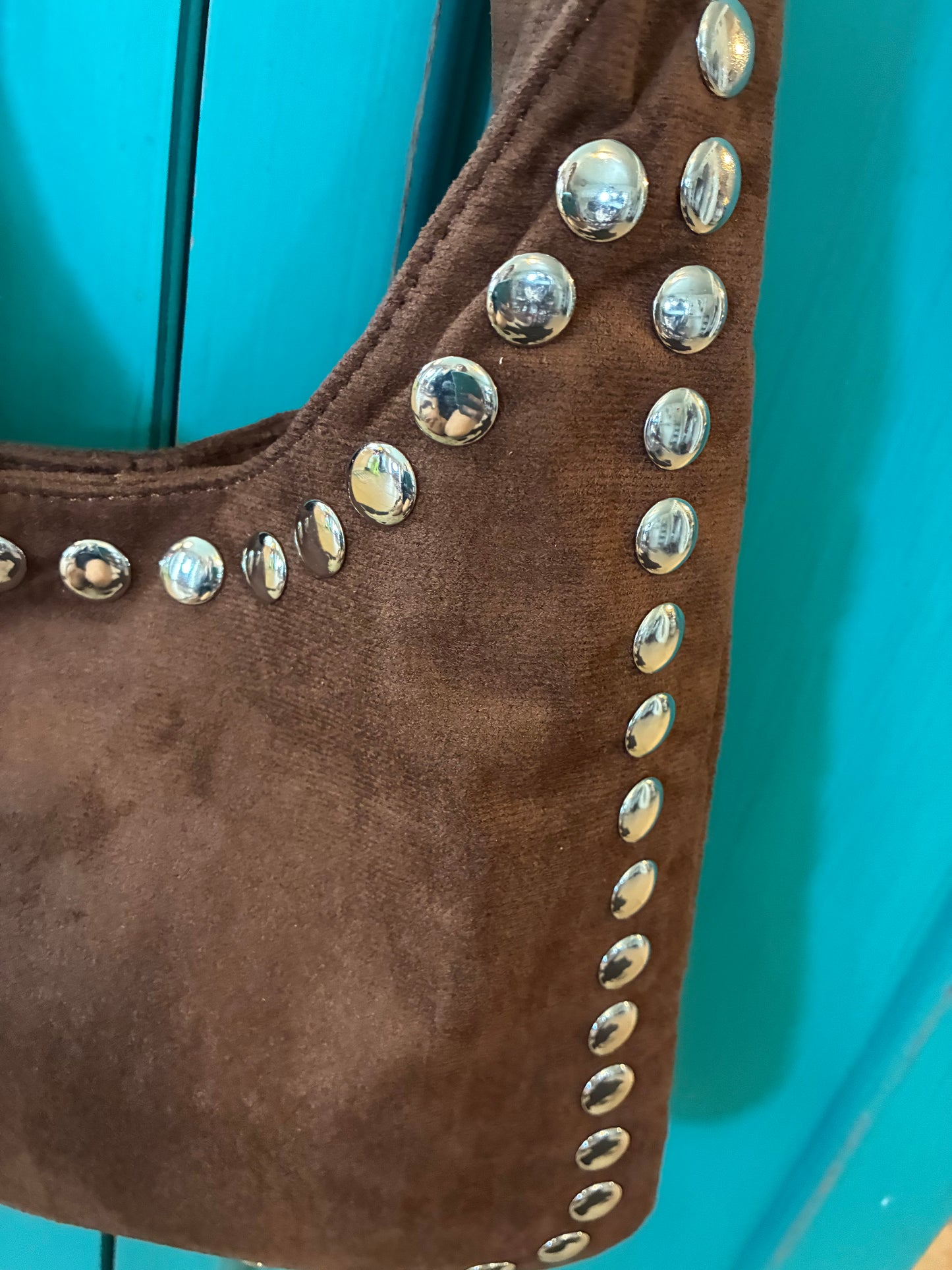 Grommet Border Studded Suede Shoulder Bag - Brown
