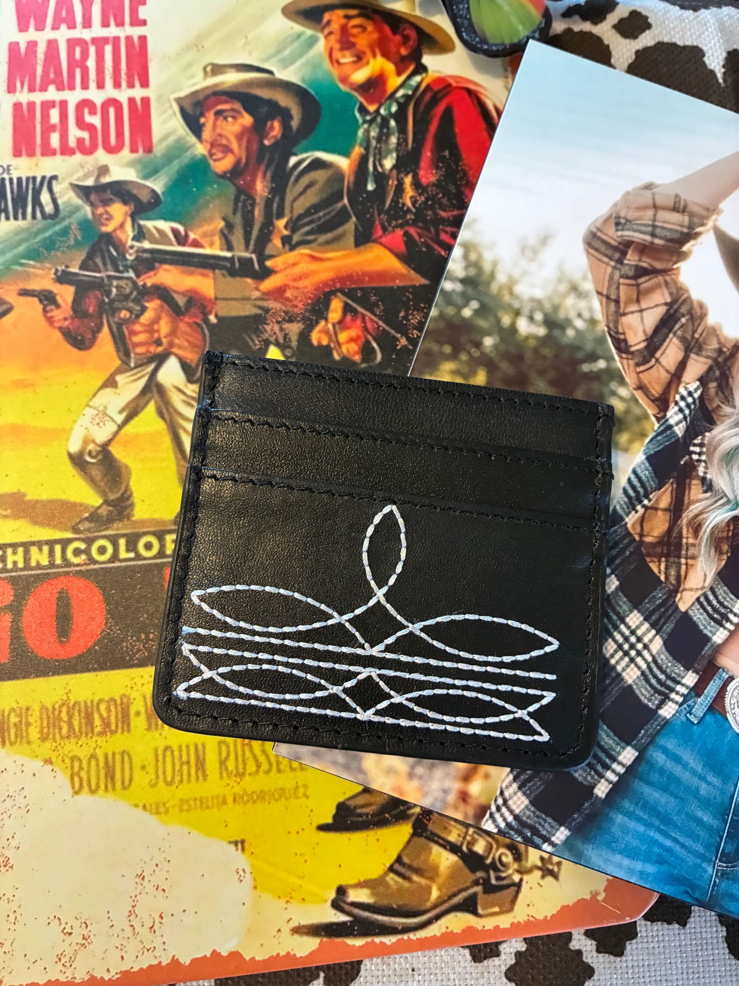 Western Genuine Leather Boot Stitch Card Holder - Black