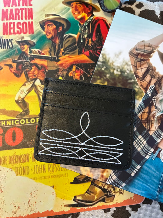 Western Genuine Leather Boot Stitch Card Holder - Black