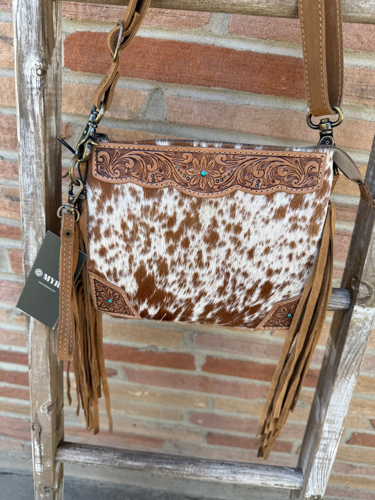 Bourbon Trail Handtooled Bag For Women in Brown with Hairon and Fringe Detail