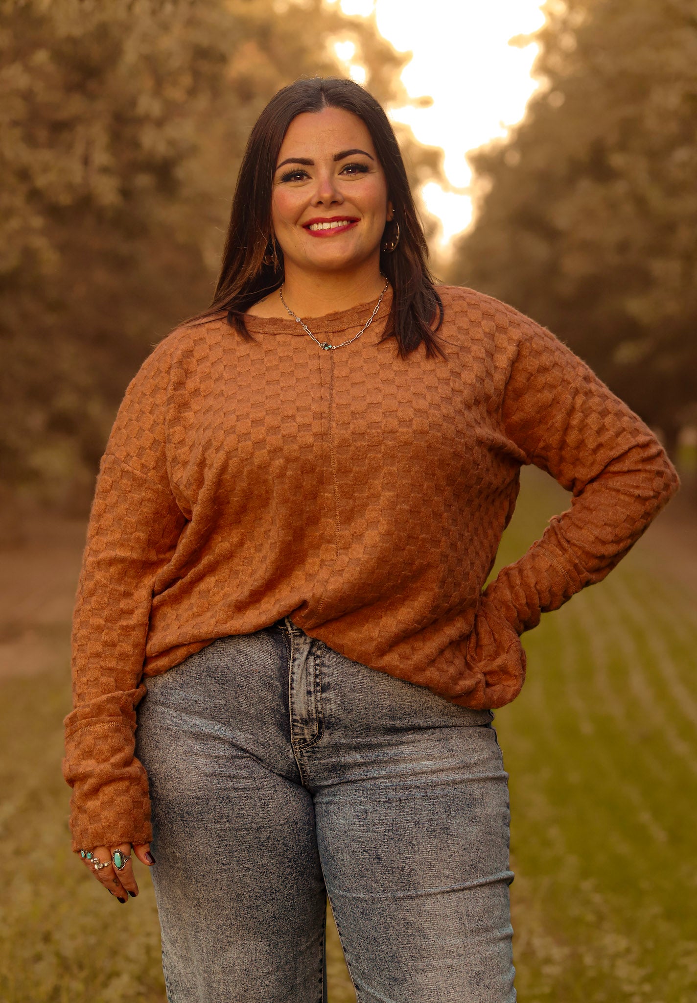 Soft Camel Checker Long Sleeve Top