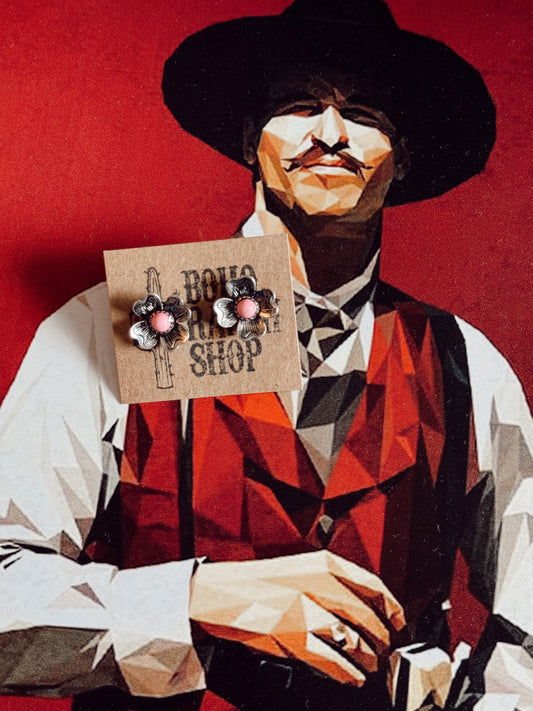 Flower Pink Stone Stud Earrings