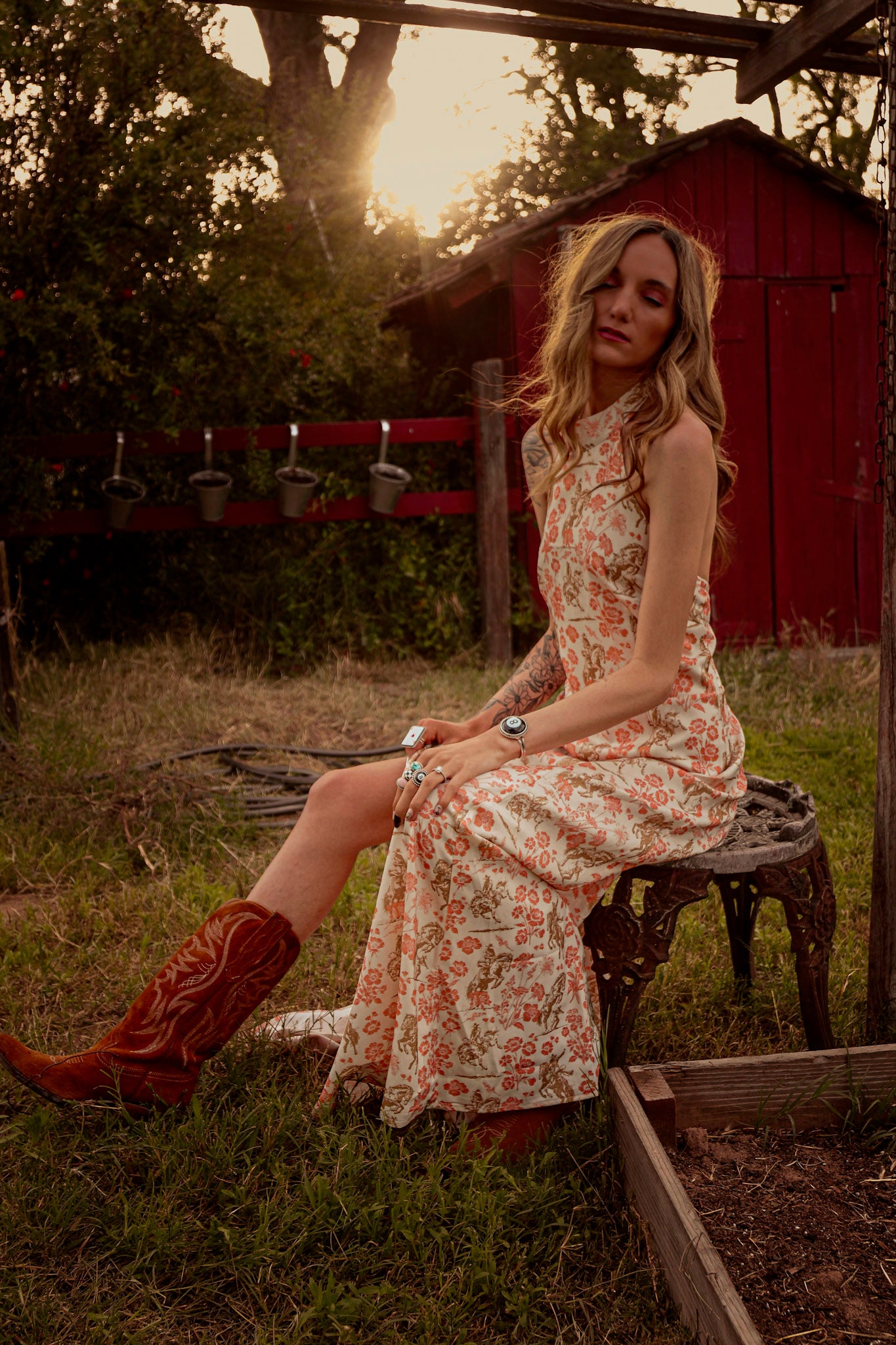 Floral Horse Printed Halter Neck Tie Dress