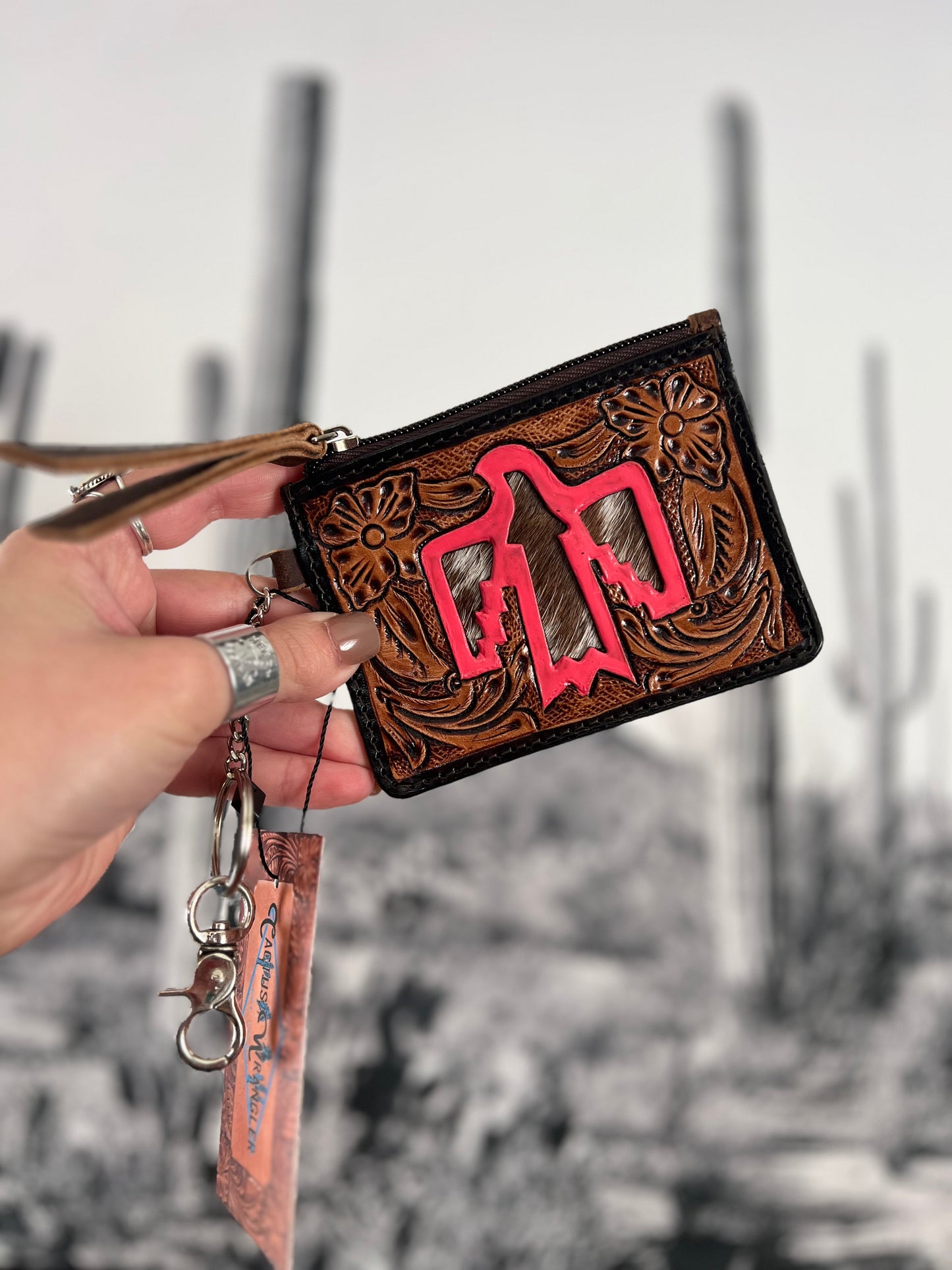 Pink Thunderbird tooled & cowhide coin pouch