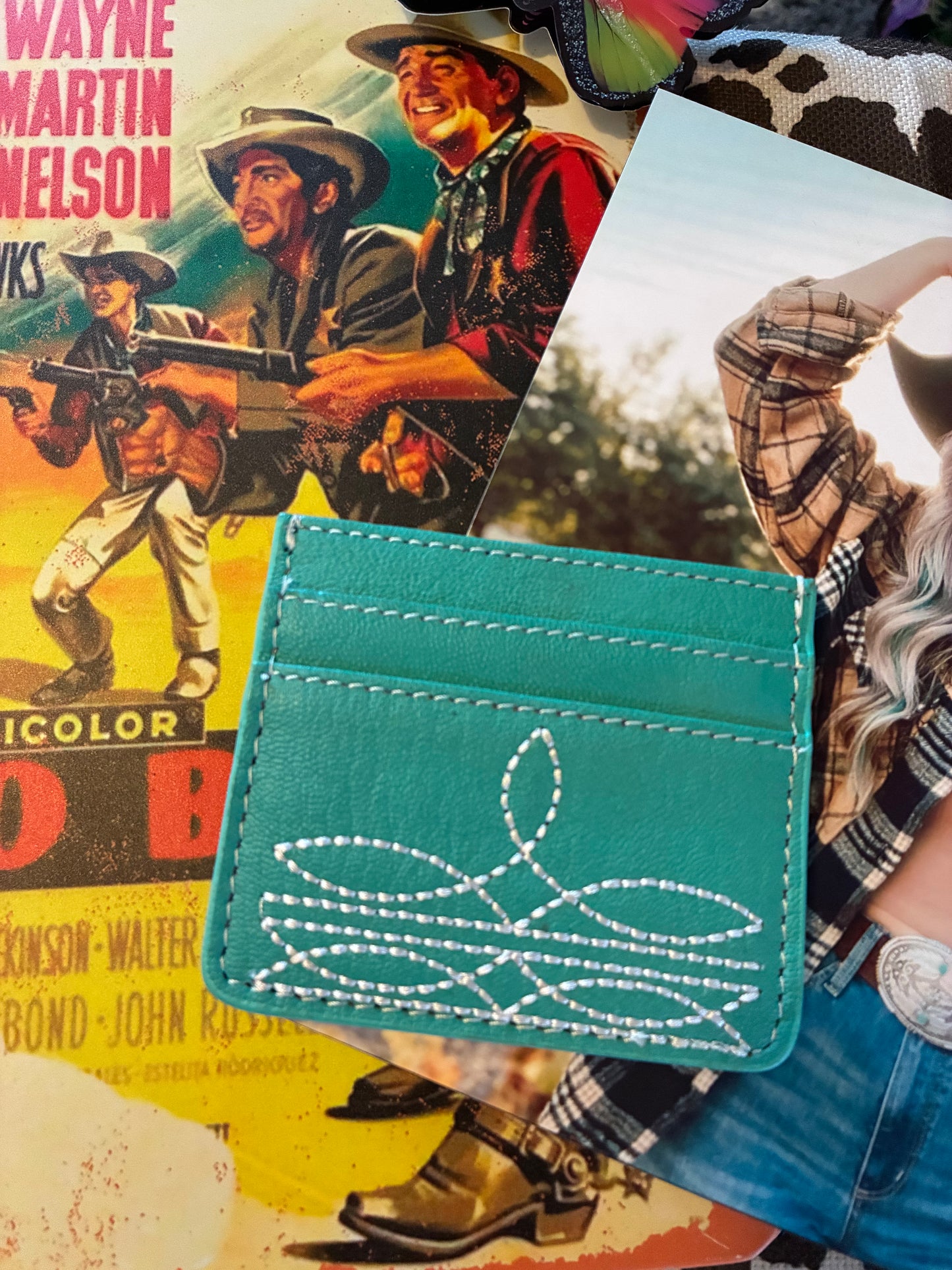 Western Genuine Leather Boot Stitch Card Holder - Turquoise
