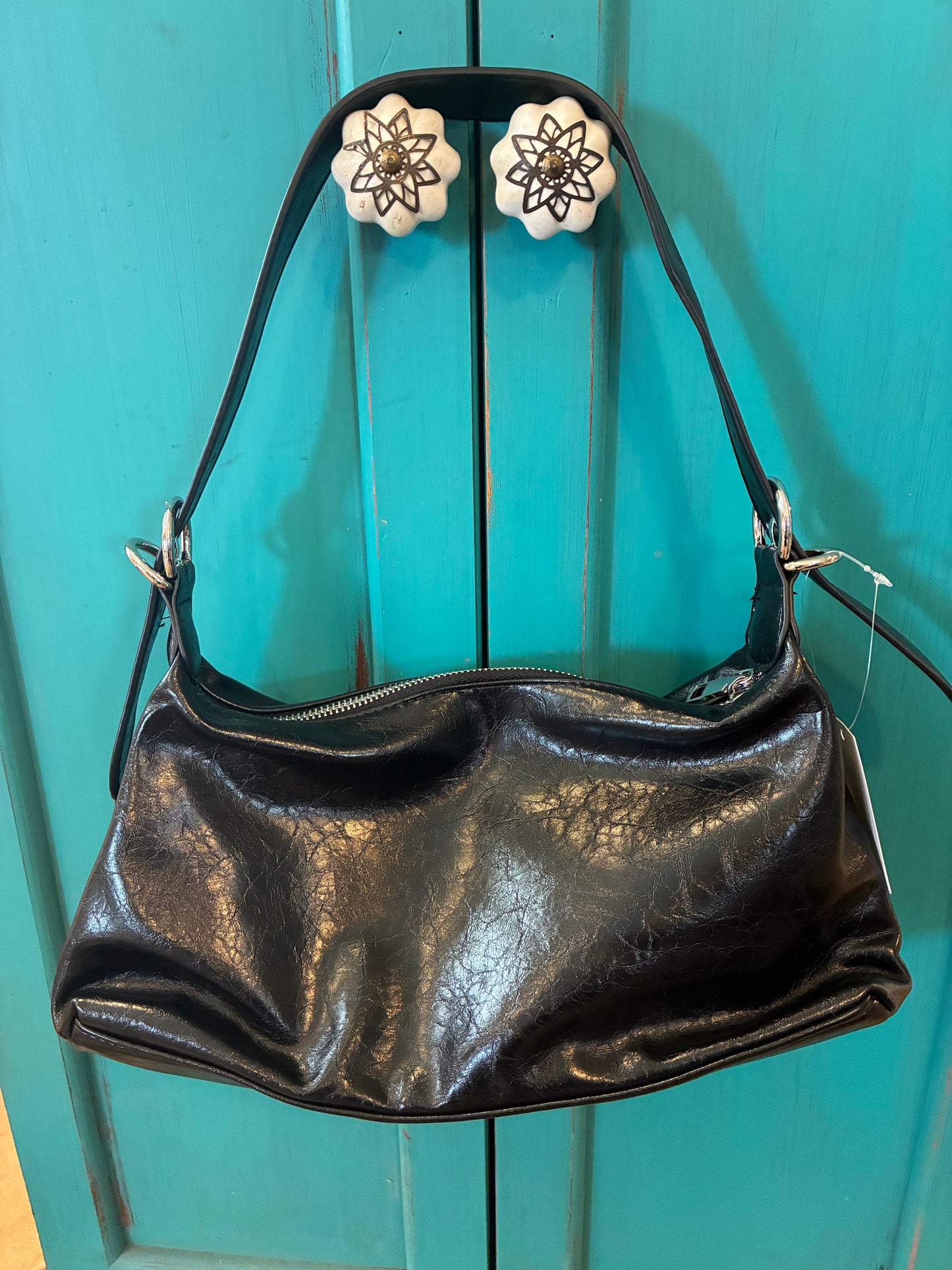 Studded Western Buckle Vegan Leather Shoulder Bag - Black