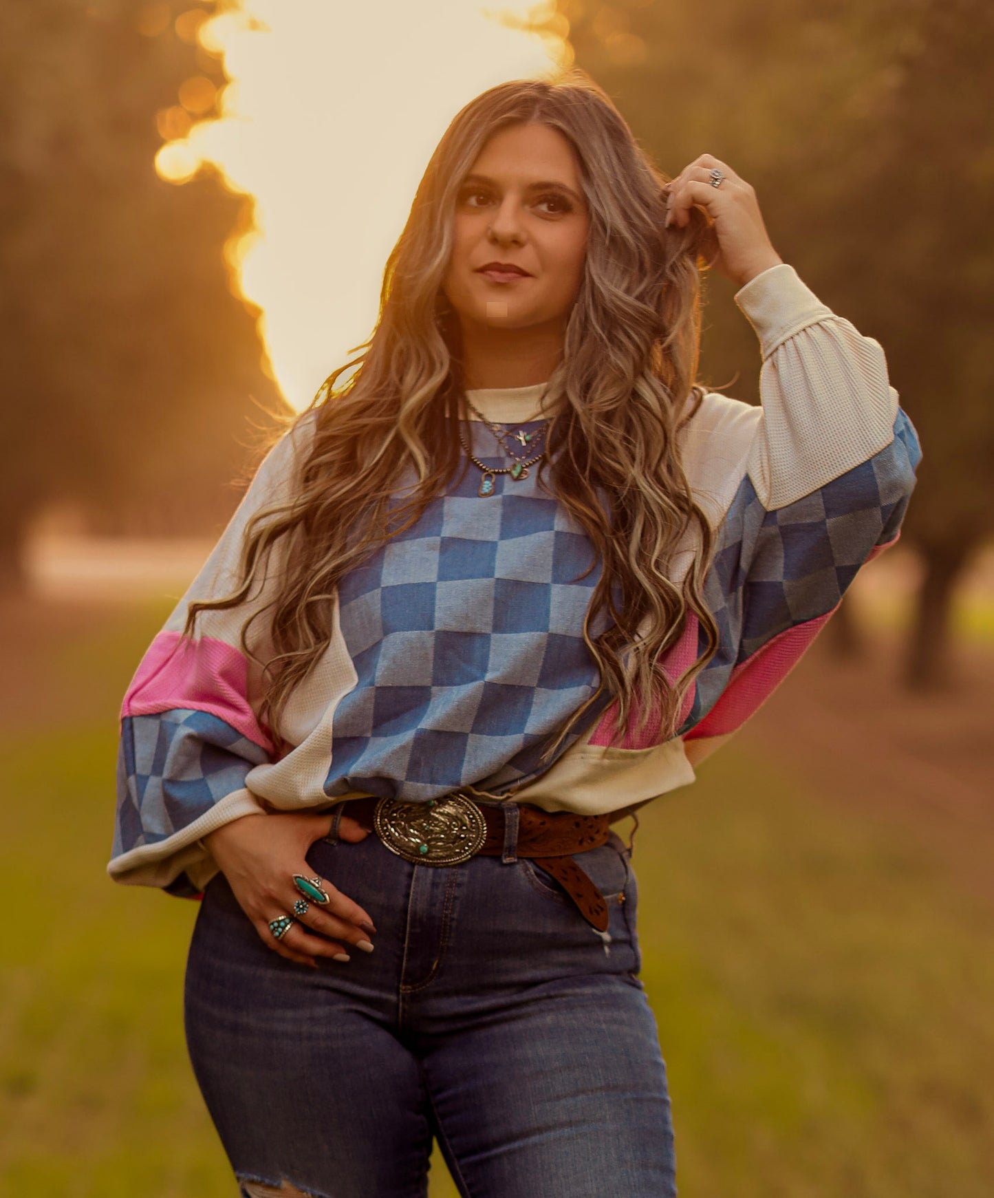 Patchwork Checkered Demin Patch Sweatshirt