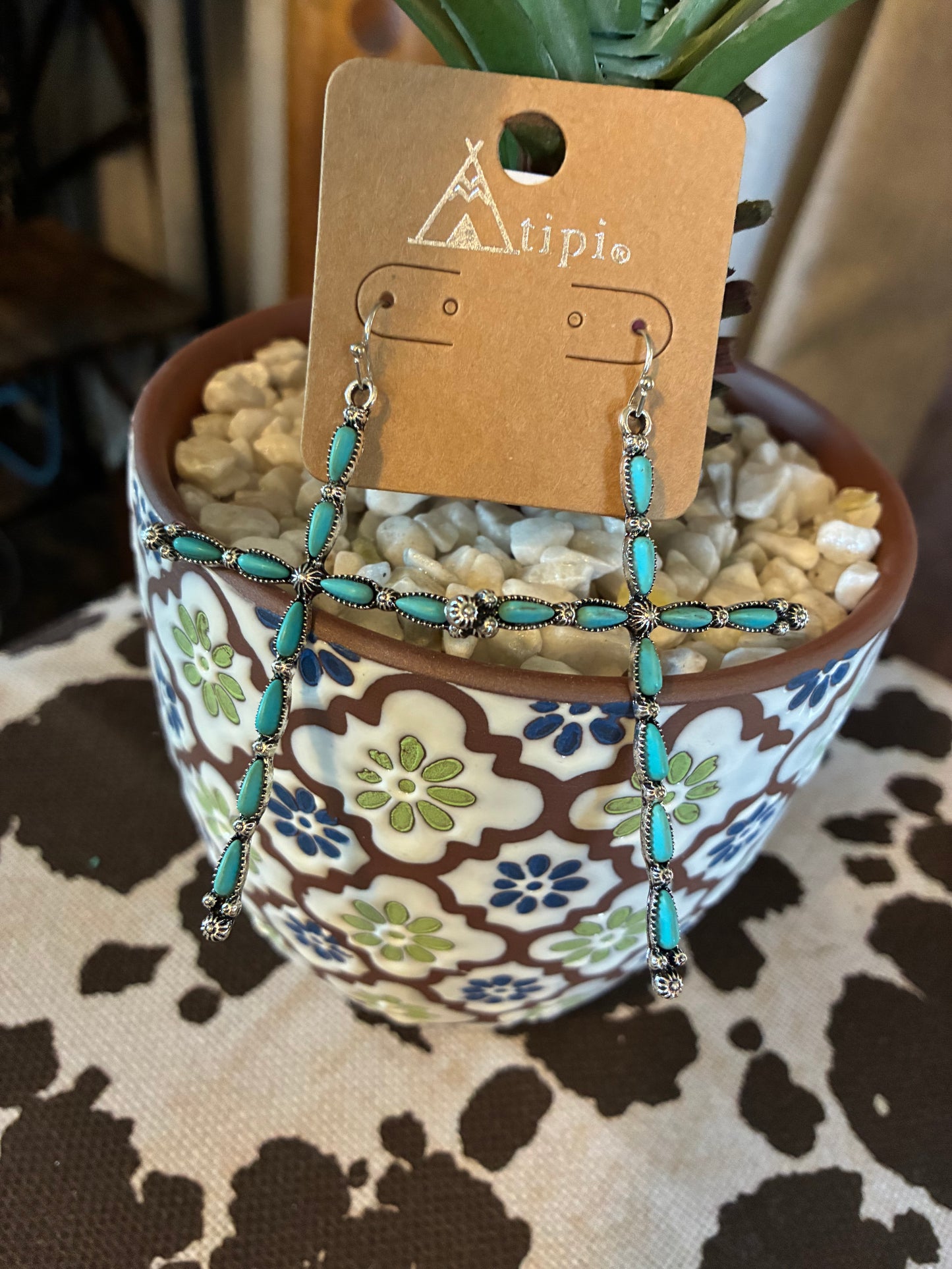 Western Turquoise Cross Earring