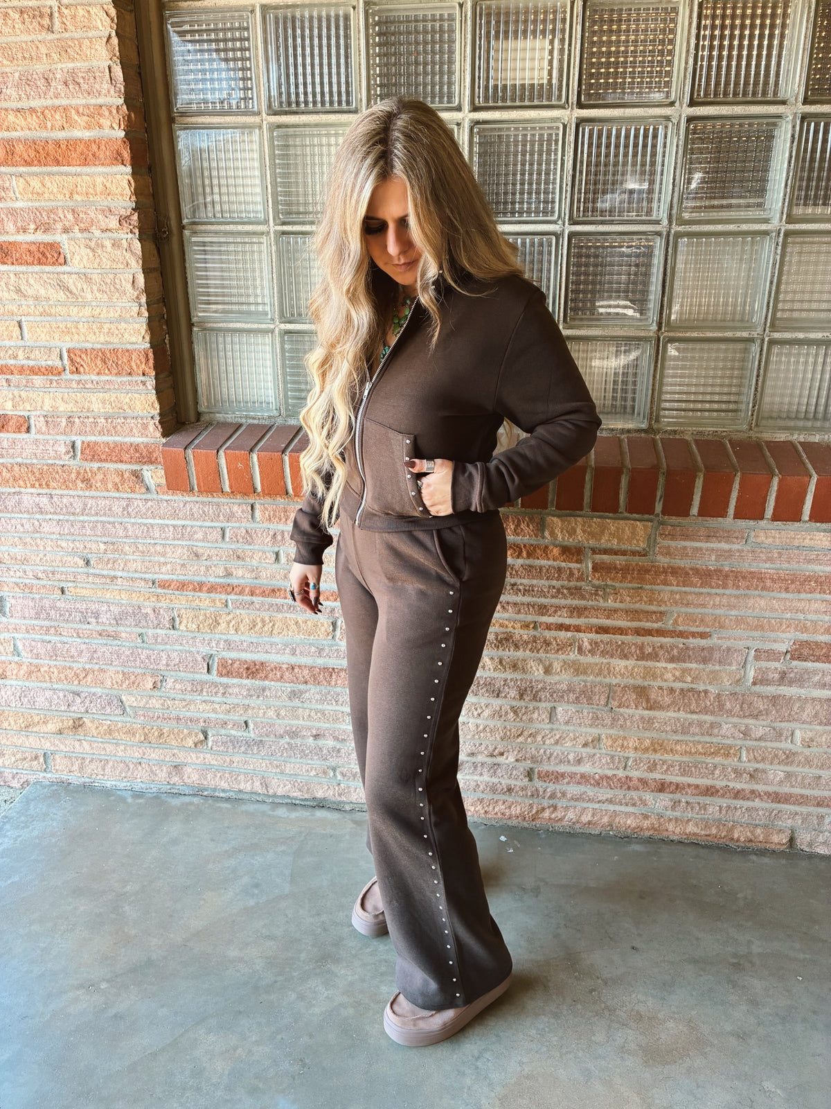 Brown Pocket Stud Point Hoodie & Pants Inner Fleece Terry Set