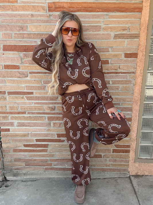 Brown Horseshoe Print Elastic Waist Pocket 2pcs Lounge Pant Set
