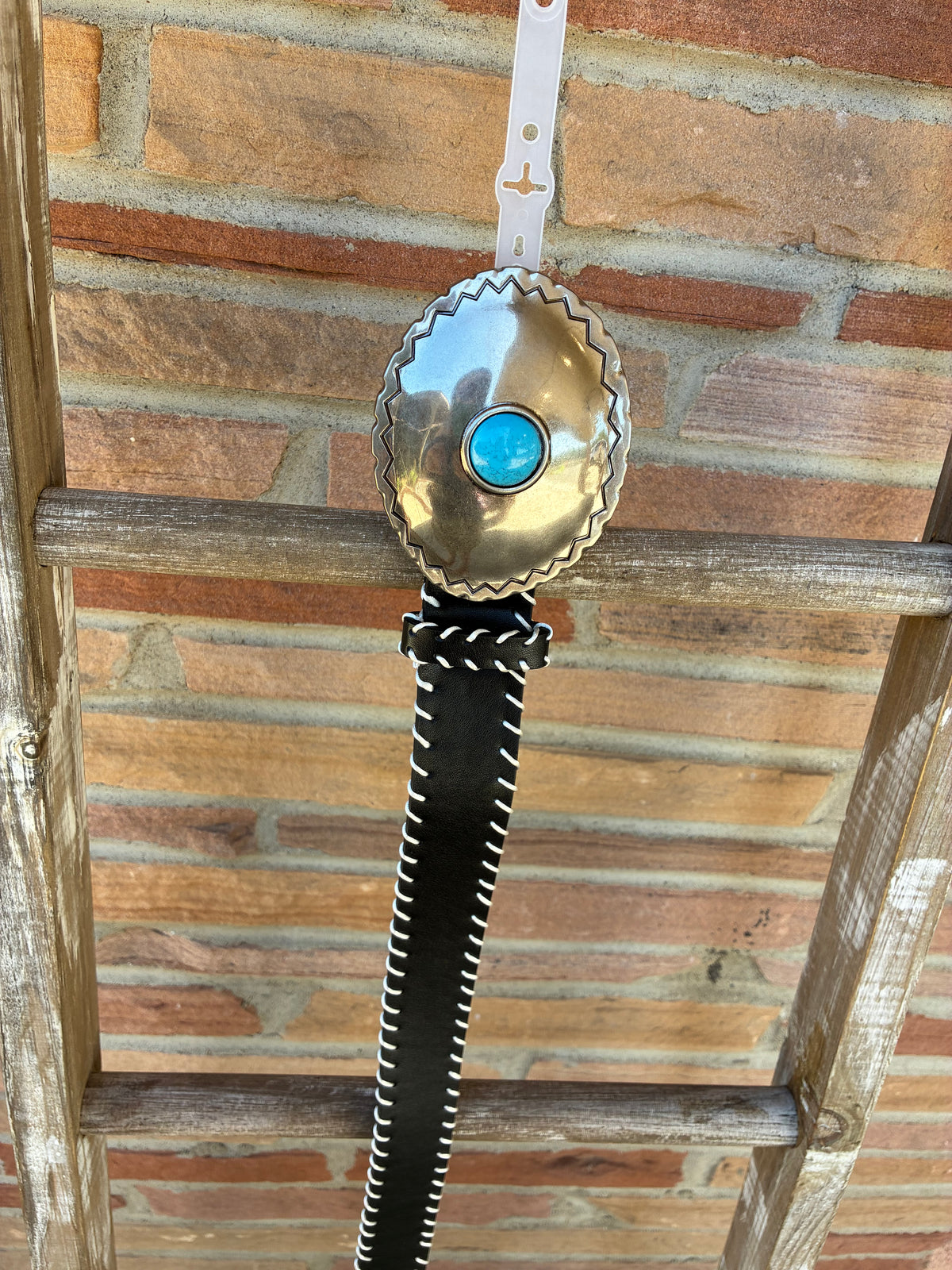 Black Turquoise Oval single stone Buckle Belt with white stitching