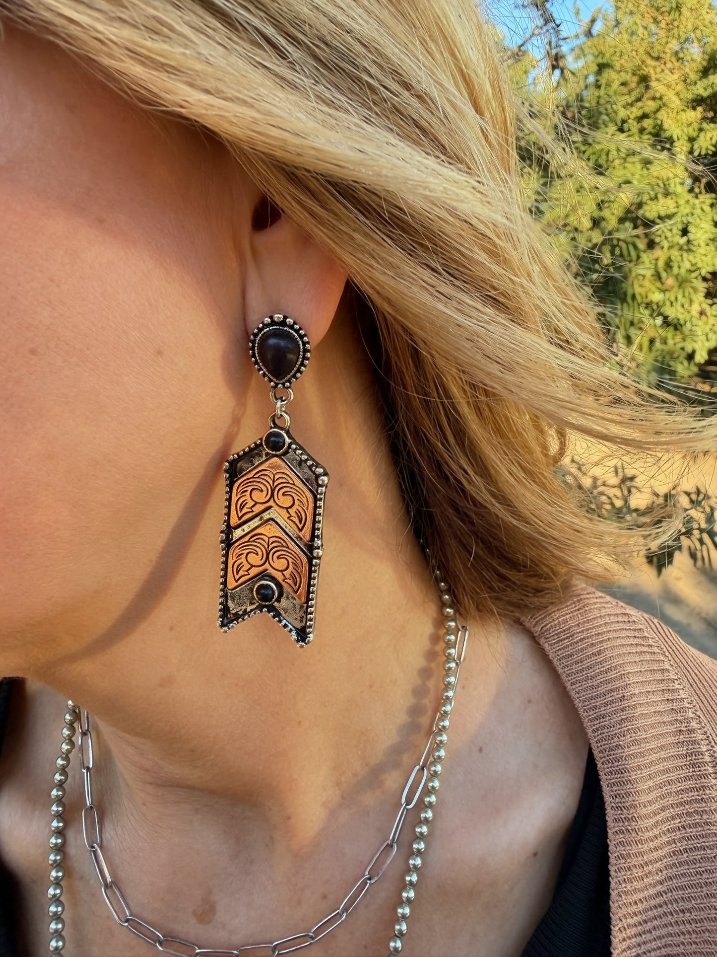 Chevron with Black Stone Dangle Earrings