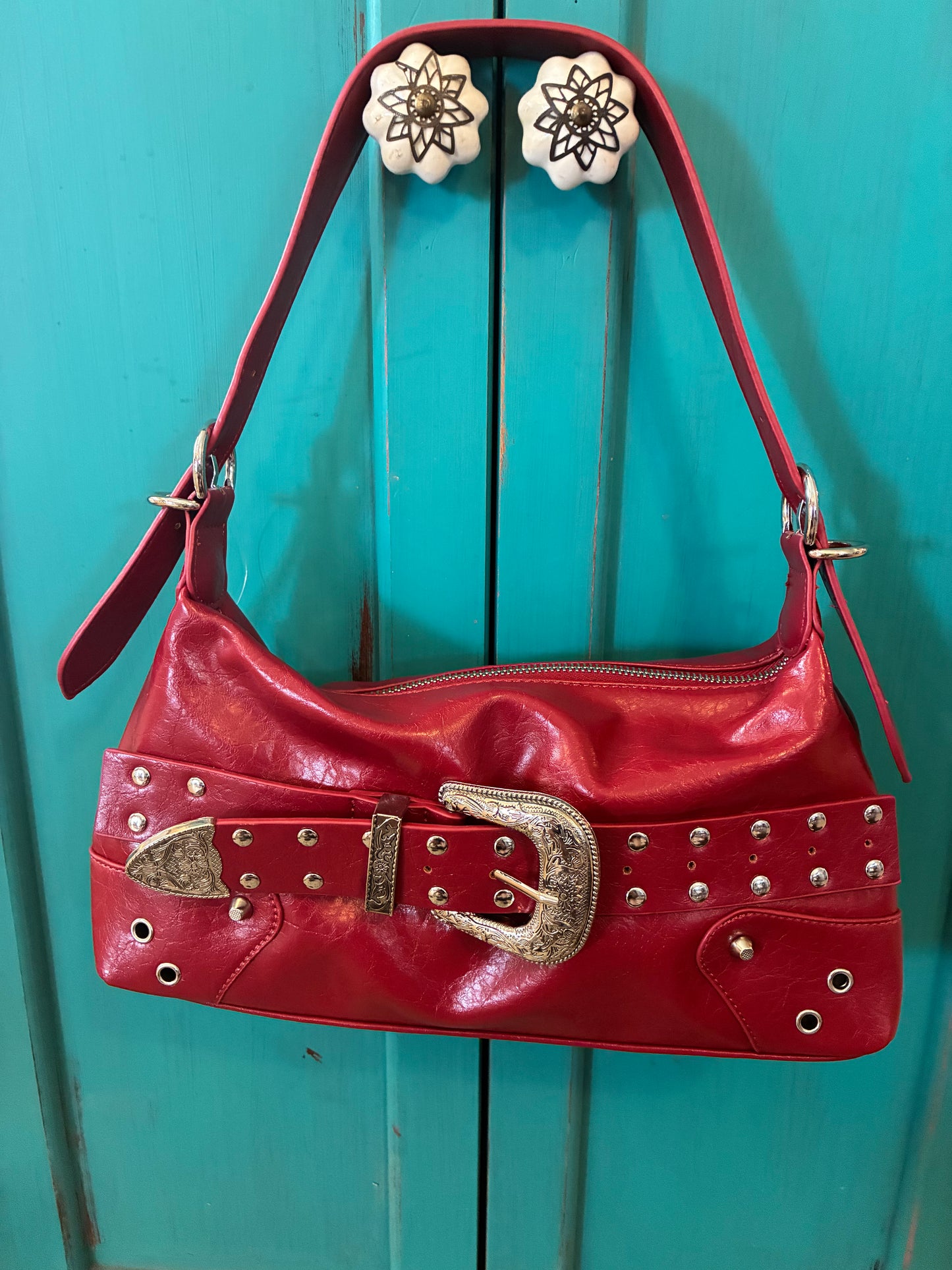 Studded Western Buckle Vegan Leather Shoulder Bag - Red