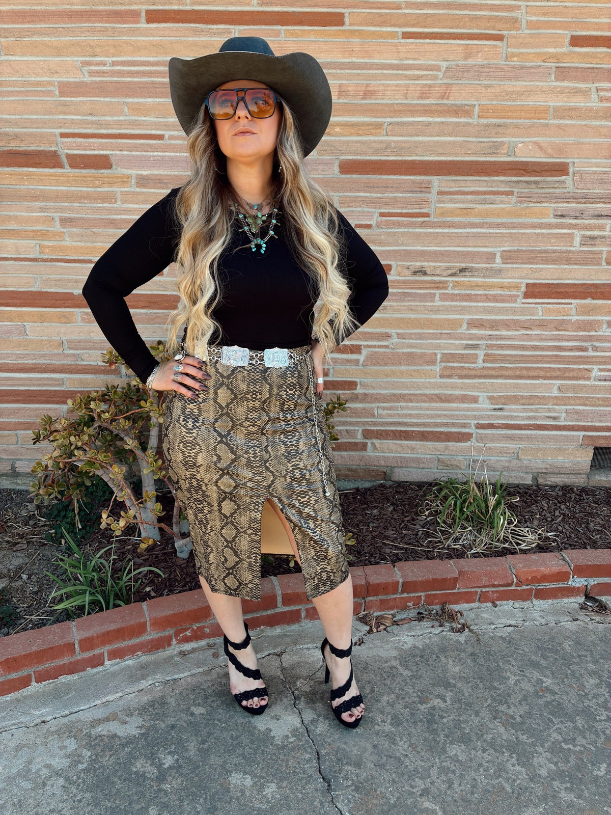 Open Front Snake Print Faux Leather Pencil Midi Skirt