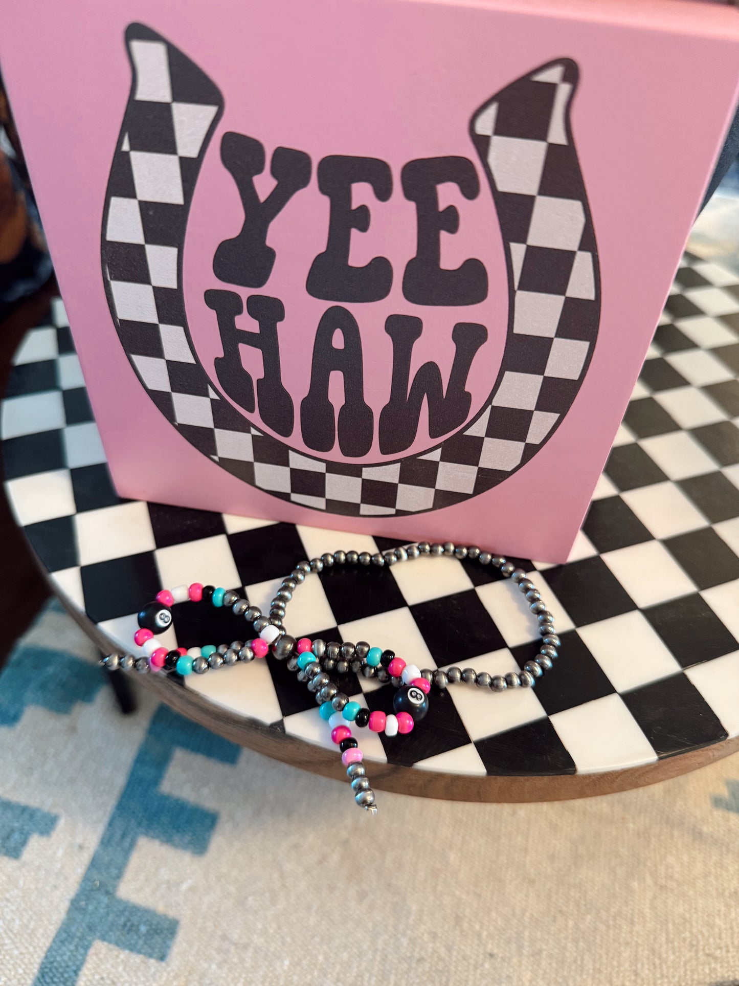 Turquoise & Pink / Bow & 8 Ball stretch bracelet