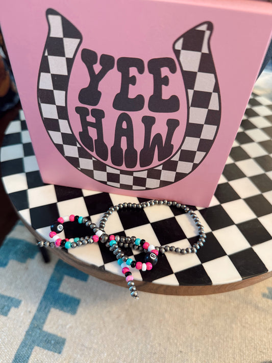 Turquoise & Pink / Bow & 8 Ball stretch bracelet