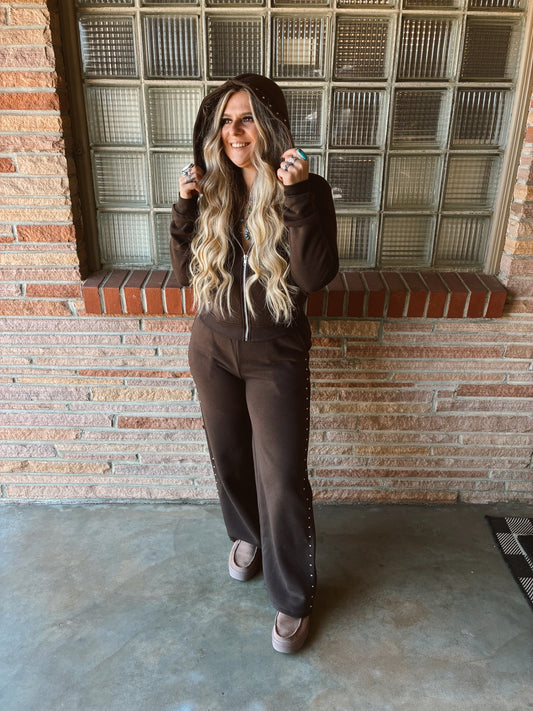 Brown Pocket Stud Point Hoodie & Pants Inner Fleece Terry Set