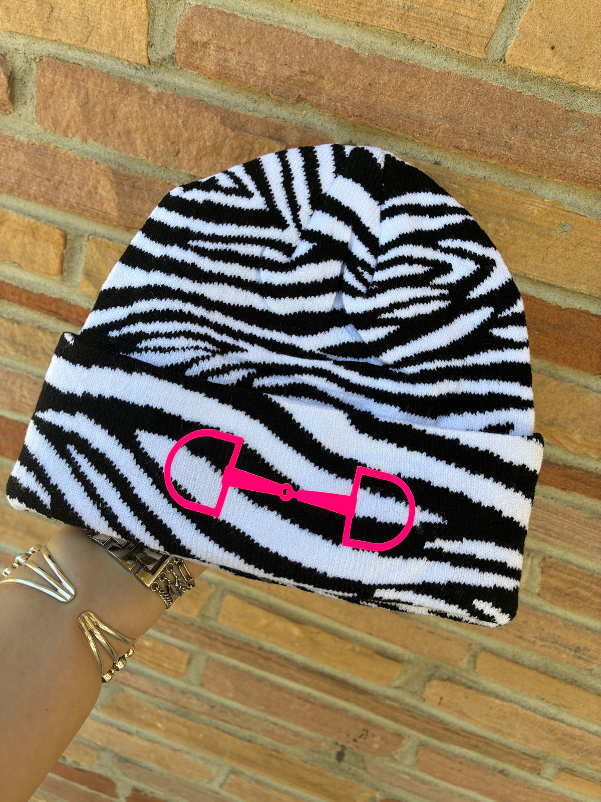 White Zebra & Neon Pink Bit Beanie
