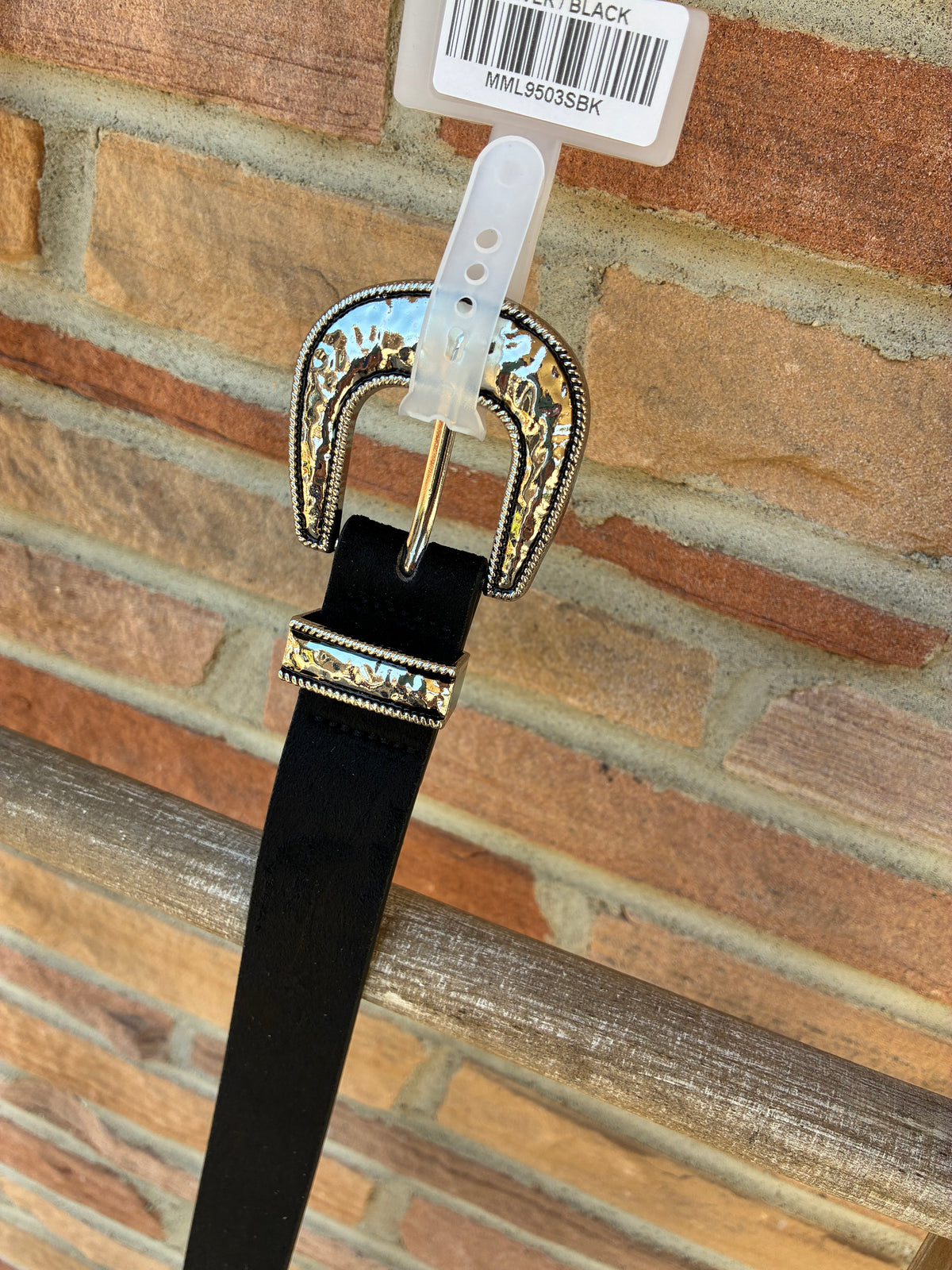 Black & Silver Hammered Buckle Vegan Leather Belt