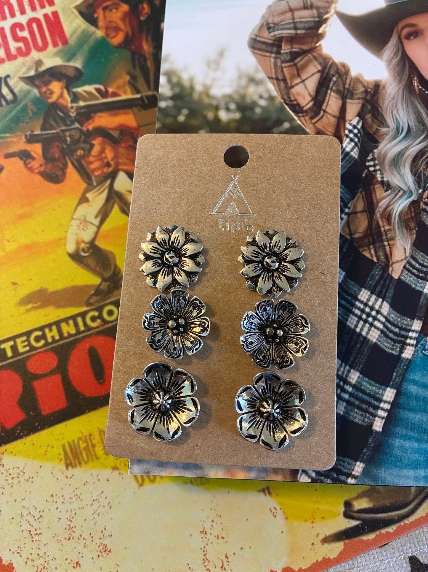 Western Flower Concho 3 Pair Post Earring Set