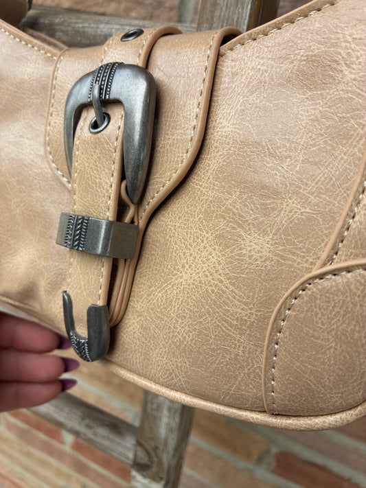Western Buckle Accent Multi Panel Shoulder Bag - Cream