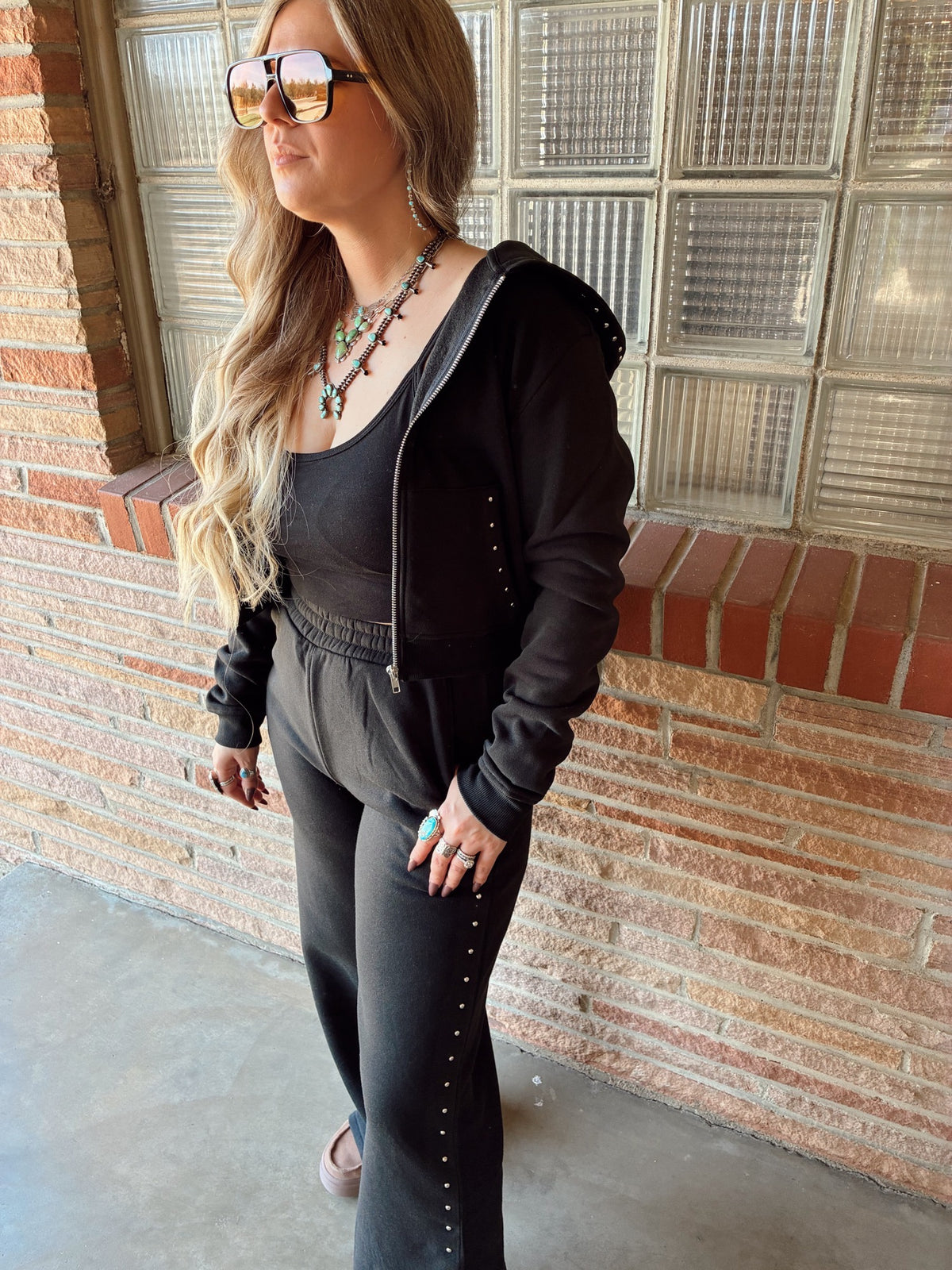 Black Pocket Stud Point Hoodie & Pants Inner Fleece Terry Set