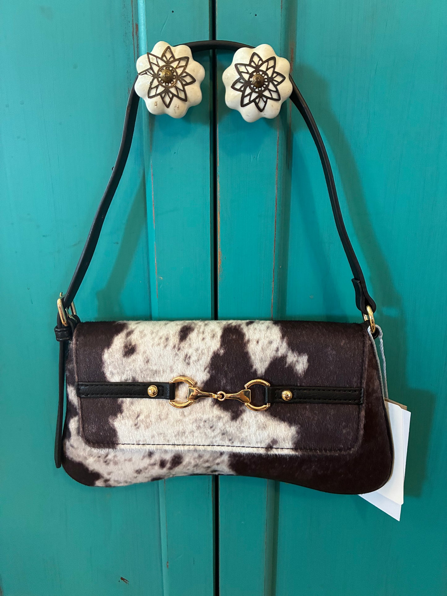 Cow Print Horse Bit Faux leather and fur handbag - Black