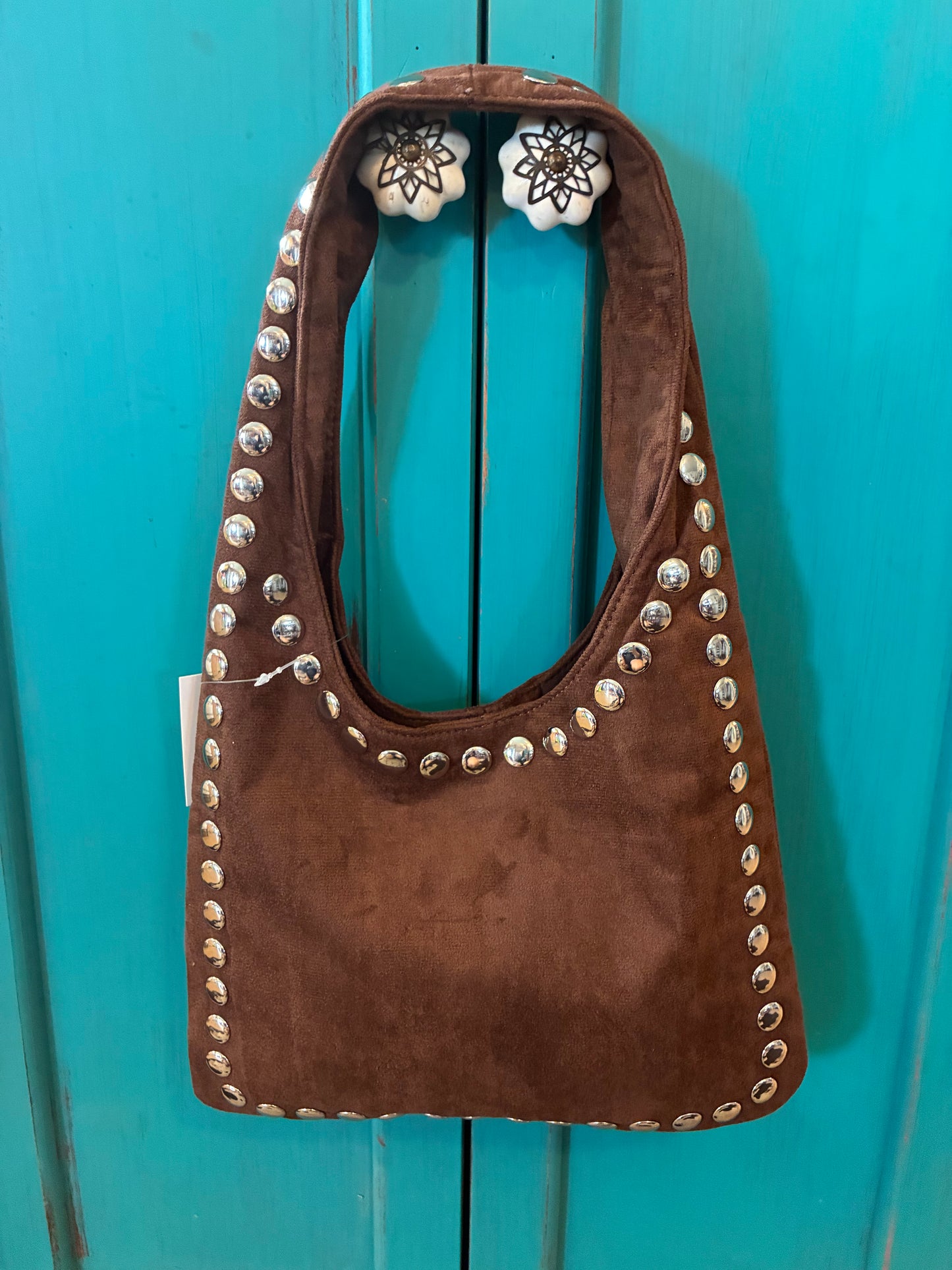 Grommet Border Studded Suede Shoulder Bag - Brown