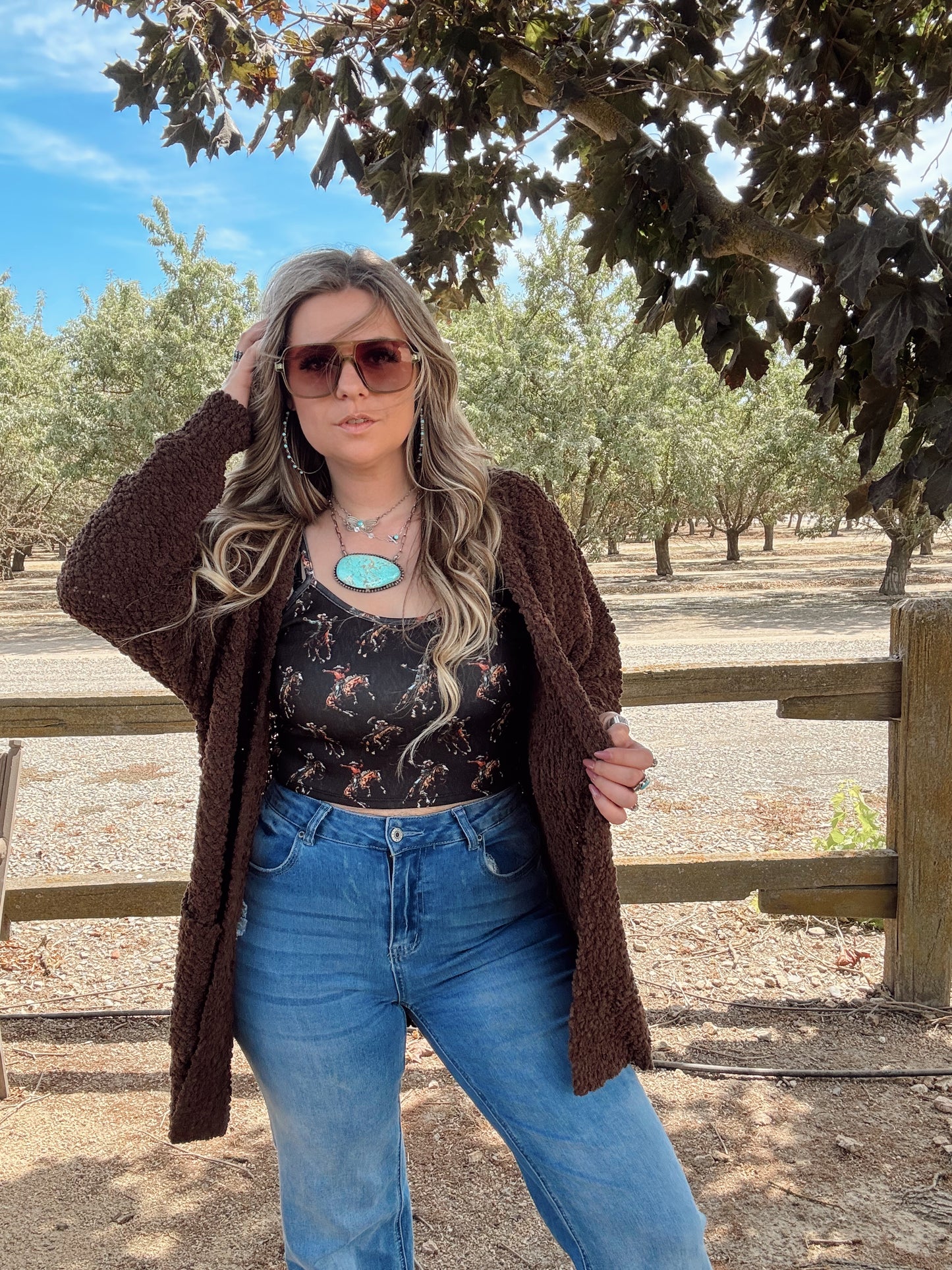 Chocolate Brown Long Sleeve Popcorn Sweater Cardigan with Pockets