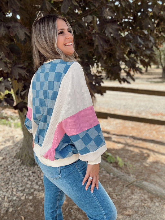 Patchwork Checkered Demin Patch Sweatshirt