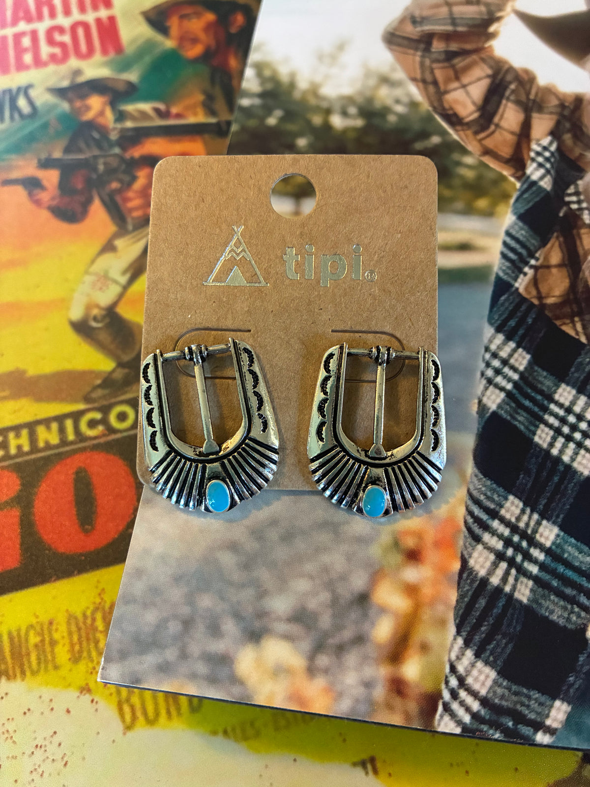 Single Stone Western Small Belt Buckle Turquoise Post Earrings