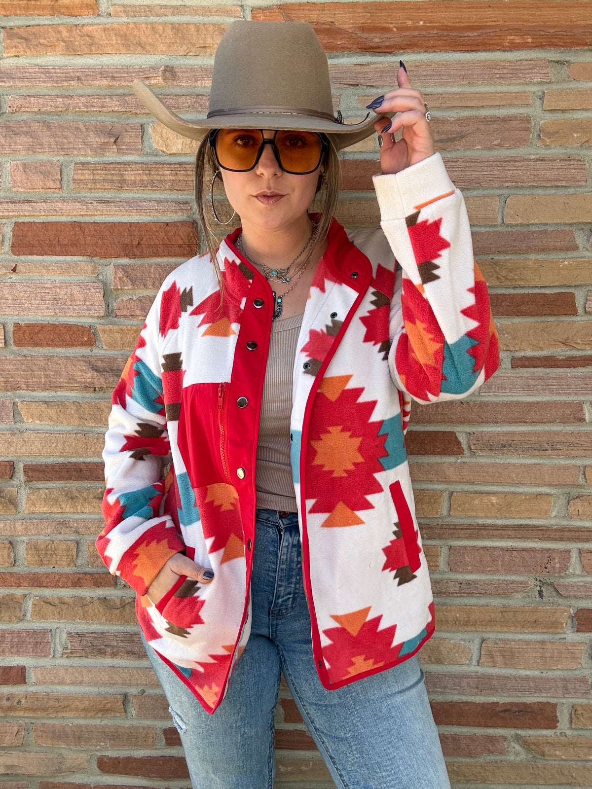 Aztec Fleece Print Snap Up Jacket