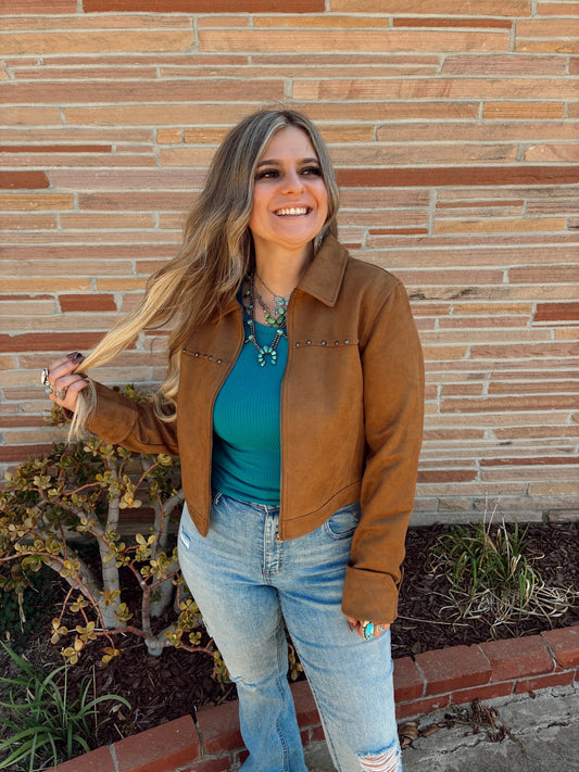 Brown Long Sleeve Faux Suede Jacket with Stud Detail