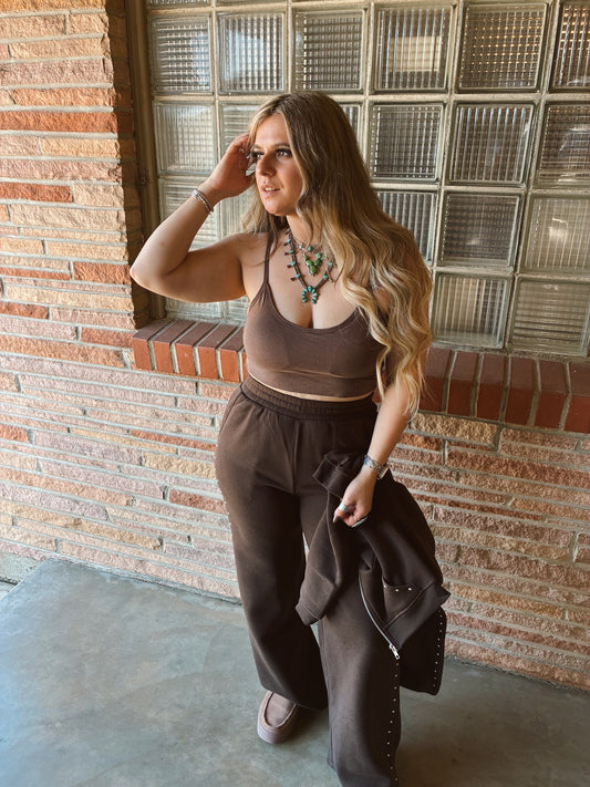 Wood Brown Round Neck Removable Bra Cup Twisted Back Cami Top