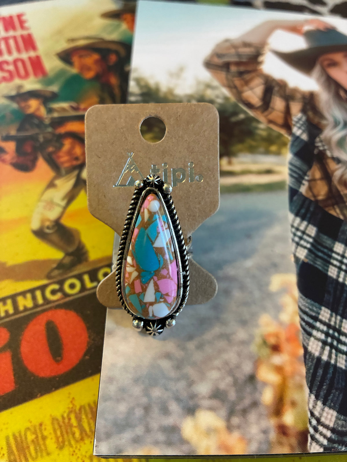 Western Cotton Candy Stone Teardrop Cuff Ring